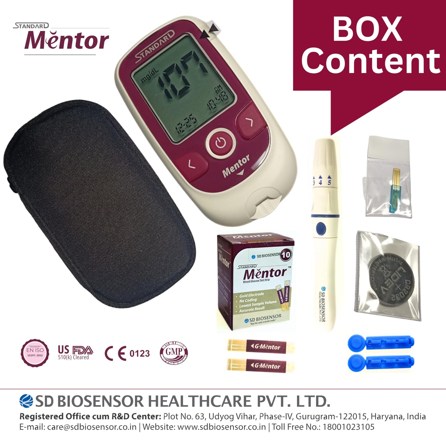 STANDARD Mentor Digital Blood Glucose Meter for self Diabetes testing monitor machine with 10 Strips & complete medical device Kit - Glucometer (Magenta)