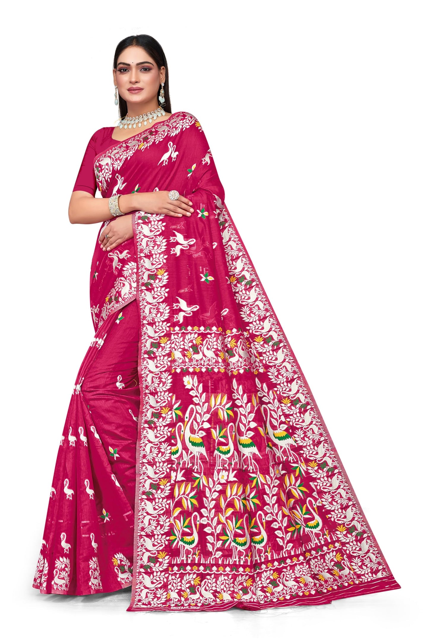 BROYAAR SHOP Jamdani Designer Cotton Blend Silk Saree for Women Without Blouse (Rani)