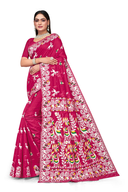 BROYAAR SHOP Jamdani Designer Cotton Blend Silk Saree for Women Without Blouse (Rani)