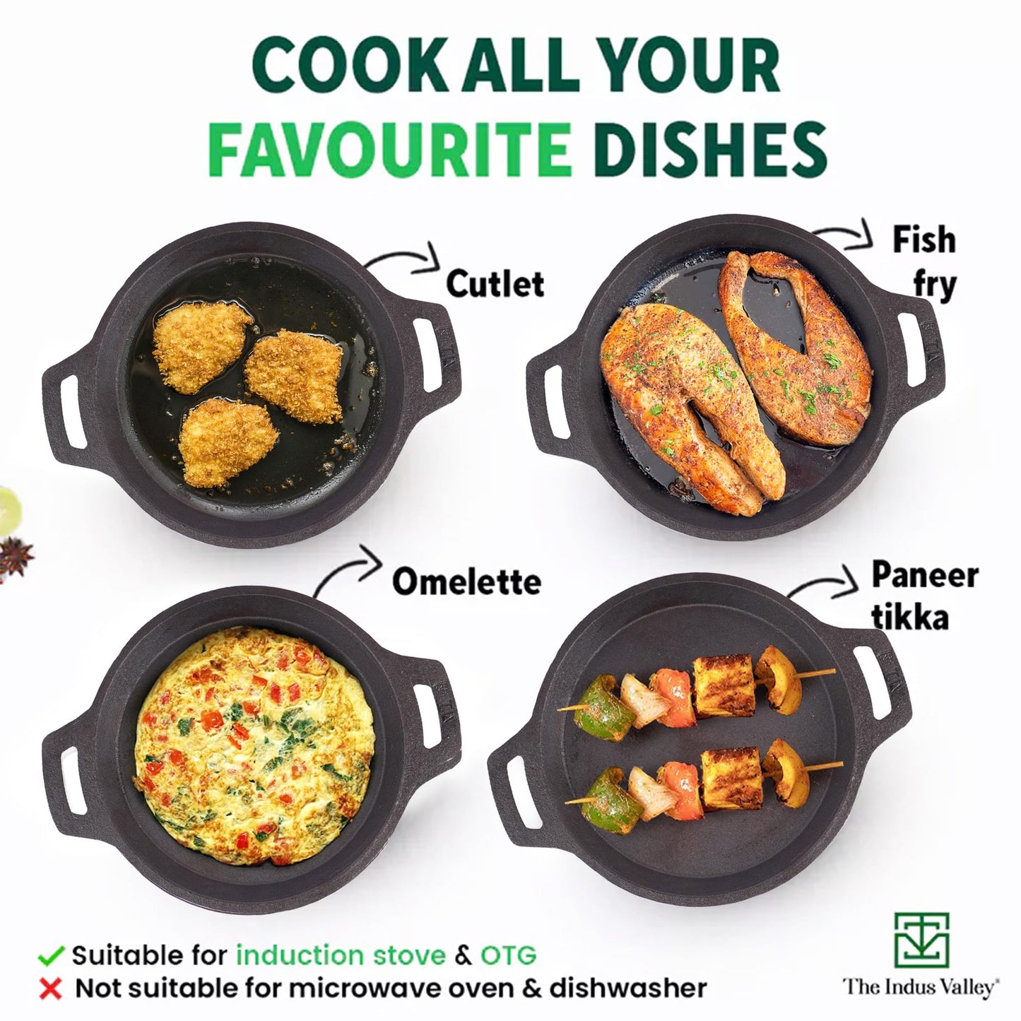 The Indus Valley Preseasoned Cast Iron Fish Fry Pan With Double Handle | Large 25Cm/ 9.8Inch, 2Kg | Induction Friendly | Nonstick Fish Fry Pan, 100% Pure & Toxin Free, No Chemical Coating, Black