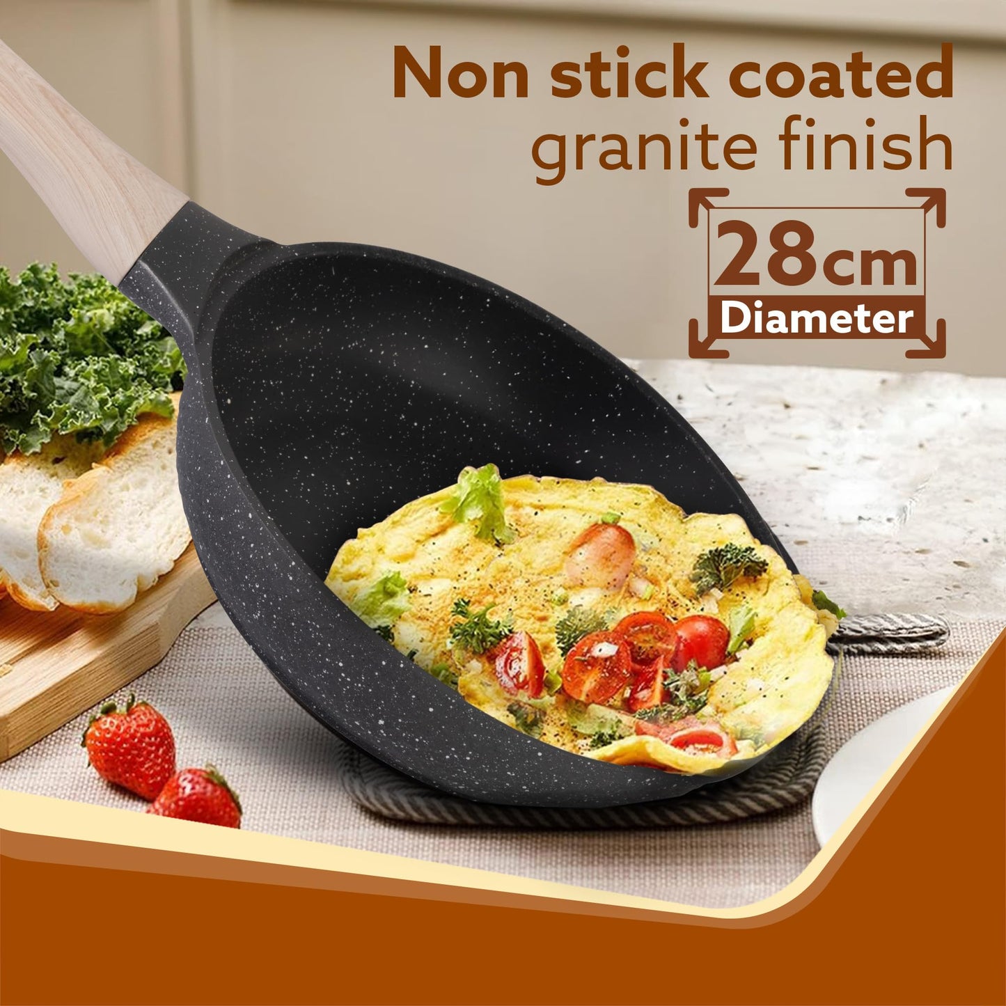AGARO Imperial Granite Non Stick Frypan with Glass Lid, 3L / 28cm, Cast Aluminium Body, Omlette Egg Pan, Fish Fry Pan, Gas & Induction Compatible, Dark Grey