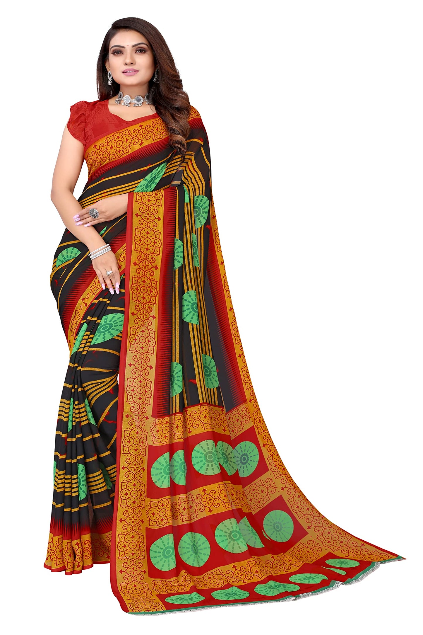 Tarshika Womens Georgette Printed Saree With Blouse Piece(SHIVANI BLACK_Free Size)