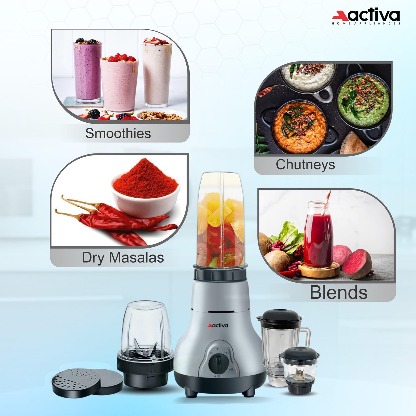 ACTIVA Easy Mix Nutri 4 Jar Mixer Grinder Powerful 500 Watt Motor | Long Lasting Shock Proof Abs Body | Heavy Duty Motor With Nano - Grinding Technology, Gray come with 2 year warranty