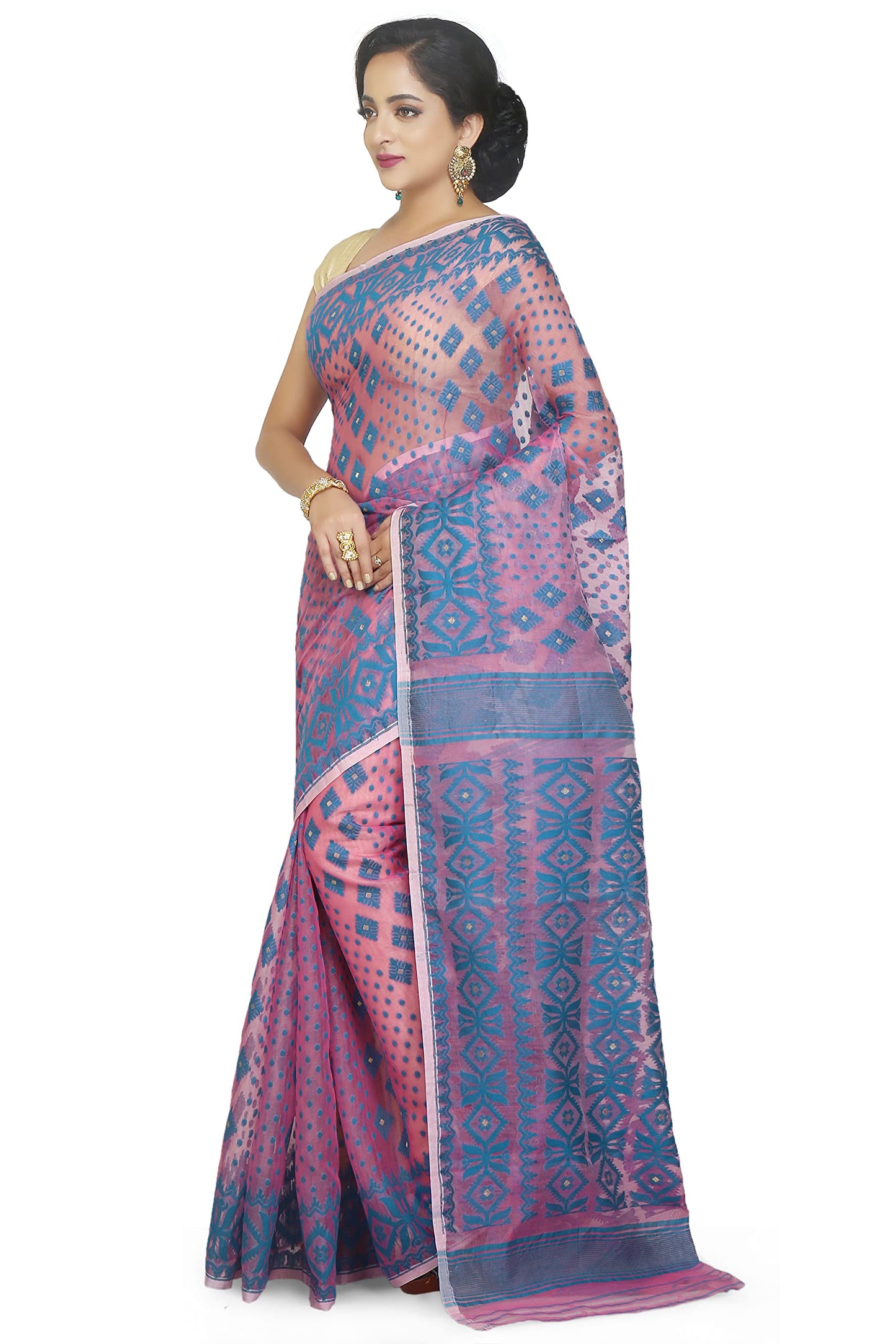 BENGAL HANDLOOM Exclusive Women's Cotton Silk Dhakai Allover Soft Jamdani Saree, Pink