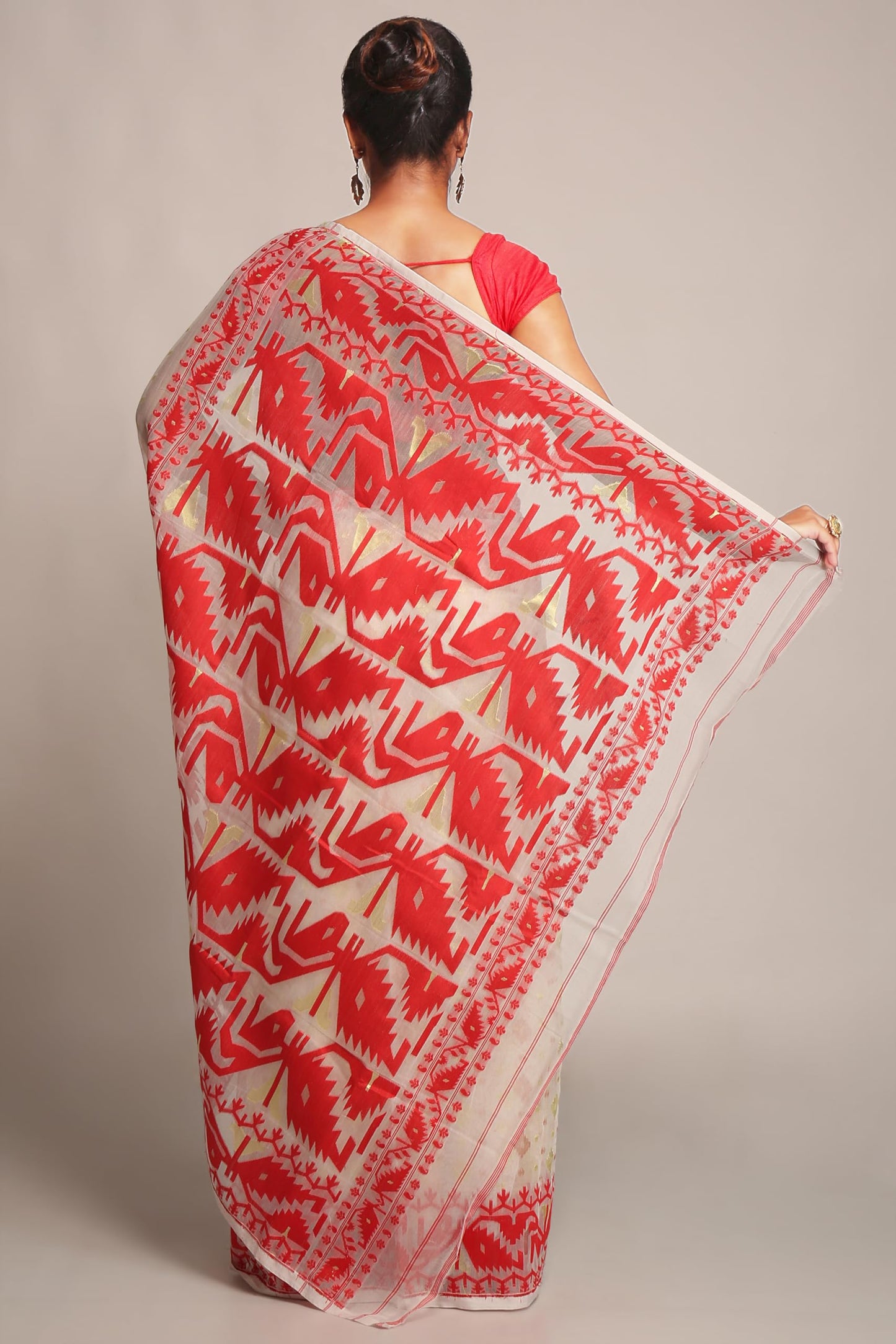 BENGAL HANDLOOM Women'S Cotton Silk Softs Dhakai Jamdani Sarees (White & Red)