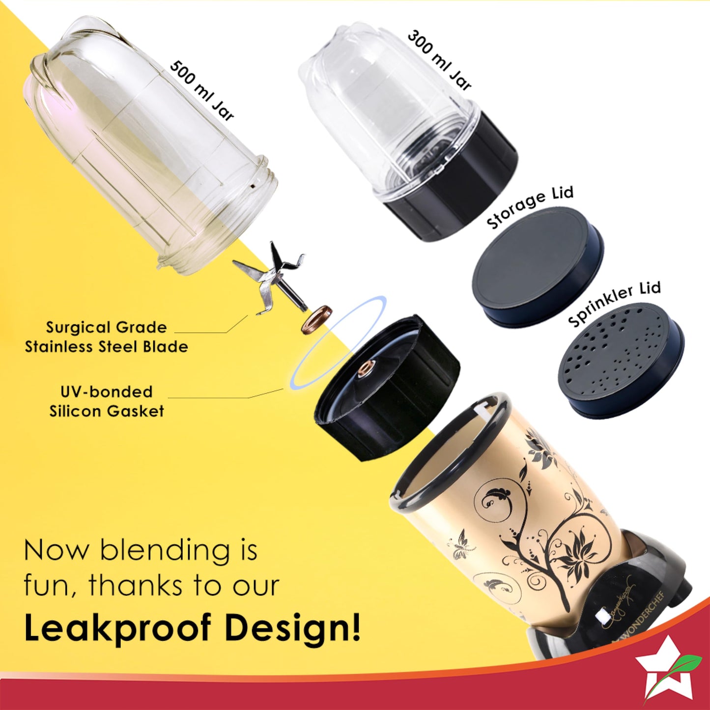 Wonderchef Nutri-blend Mixer, Grinder & Blender|500W 22000 RPM 100% Full Copper Motor|Stainless Steel Blades|2 Unbreakable Jars|2 Years Warranty|Recipe book by Chef Sanjeev Kapoor|Champagne