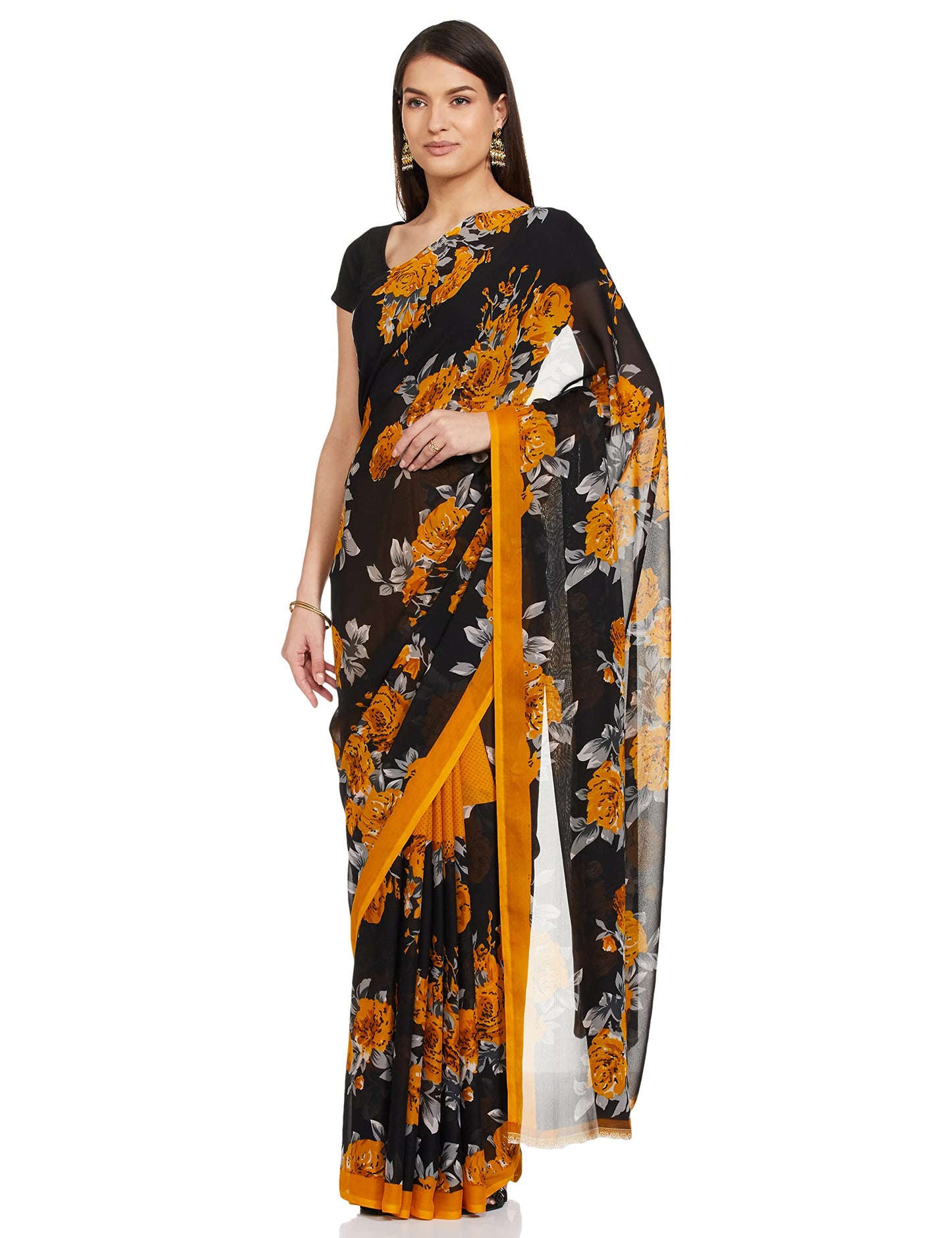 Tarshika Women's Yellow Floral Printed Georgette Saree with unstitched blouse piece(FLORAL YELLOW_W_Free Size)