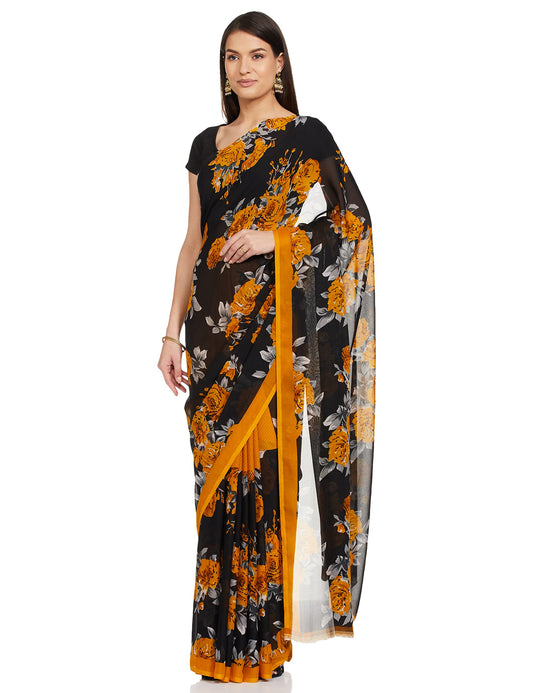 Tarshika Women's Yellow Floral Printed Georgette Saree with unstitched blouse piece(FLORAL YELLOW_W_Free Size)