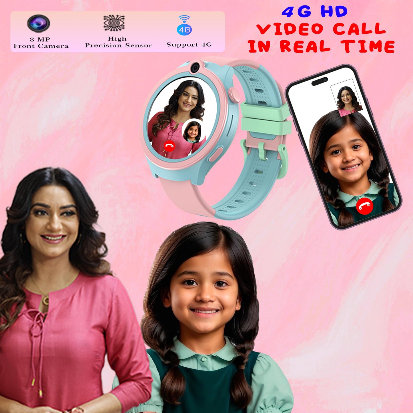 Spiky Cacus 4G Calling Multi-UI IPX7 Waterproof Kids Smartwatch | Rotatable Menu Dial,GPS Tracking, Video Call, Calling Watch, Games, Geo-Fencing, SOS | Best for Kids Girls & Boys 4-12 Years | Pink