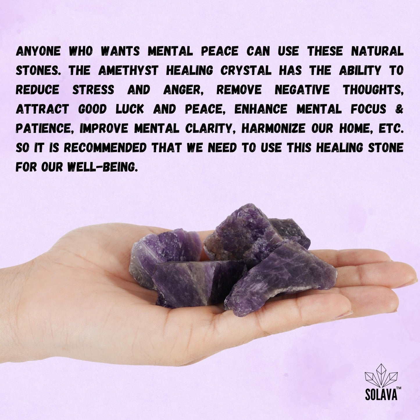 SOLAVA Natural Amethyst Crystal Stone Original Certified - Raw Healing Crystals, Purple Rough Stone For Anxiety, Stress, Good Luck, Peace, Manifestation, Meditation, And Reiki Healing - 2+ Pieces