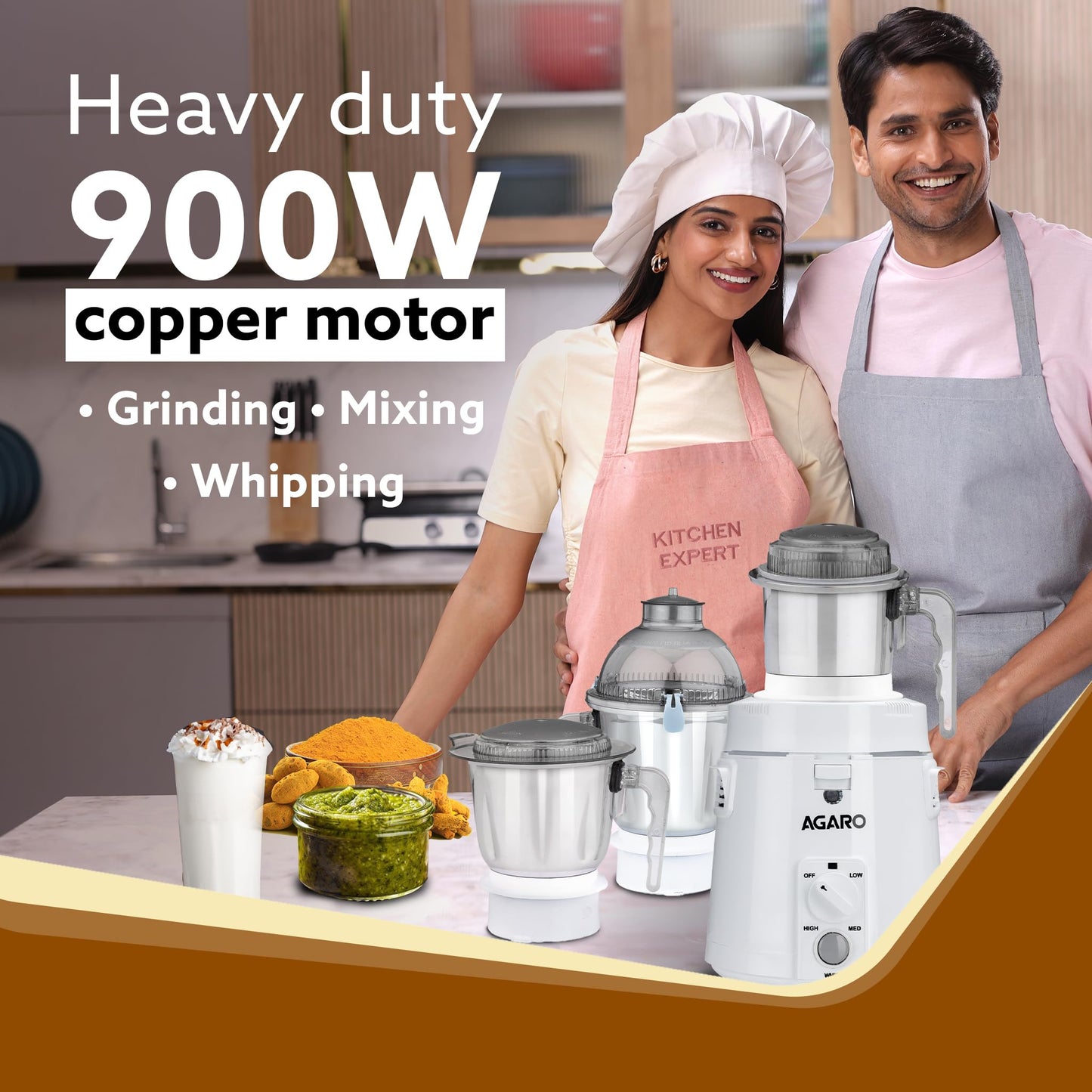 AGARO Royal Mixer Grinder 900W, Heavy Duty, 100% Pure Copper Motor, 3 Stainless Steel Jar, 3 Speed, Whip Function, Stainless Steel Blades,Wet & Dry Grinding, White
