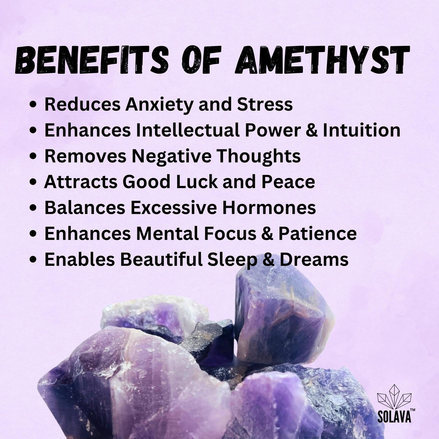 SOLAVA Natural Amethyst Crystal Stone Original Certified - Raw Healing Crystals, Purple Rough Stone For Anxiety, Stress, Good Luck, Peace, Manifestation, Meditation, And Reiki Healing - 2+ Pieces