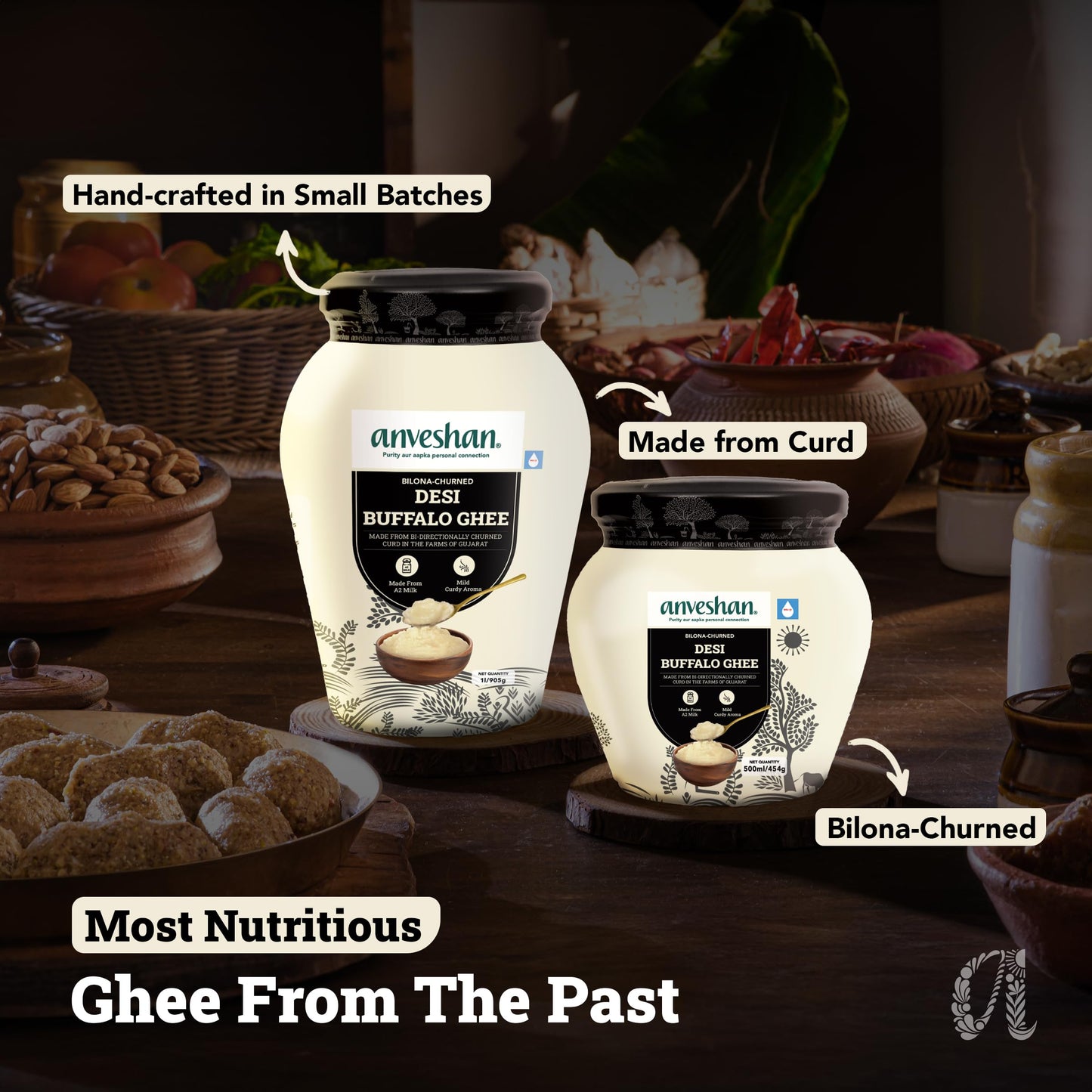 Anveshan A2 Desi Buffalo Ghee 1L | Glass Jar | Bilona Ghee | Grass Fed Buffaloes | Jaffrabadi Buffalo | Gujarat Region | Pure & Natural | Nutritional Powerhouse | Lab-Tested (1L)