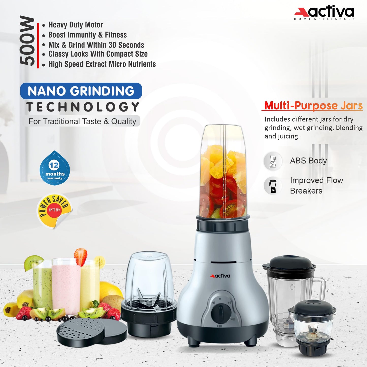 ACTIVA Easy Mix Nutri 4 Jar Mixer Grinder Powerful 500 Watt Motor | Long Lasting Shock Proof Abs Body | Heavy Duty Motor With Nano - Grinding Technology, Gray come with 2 year warranty