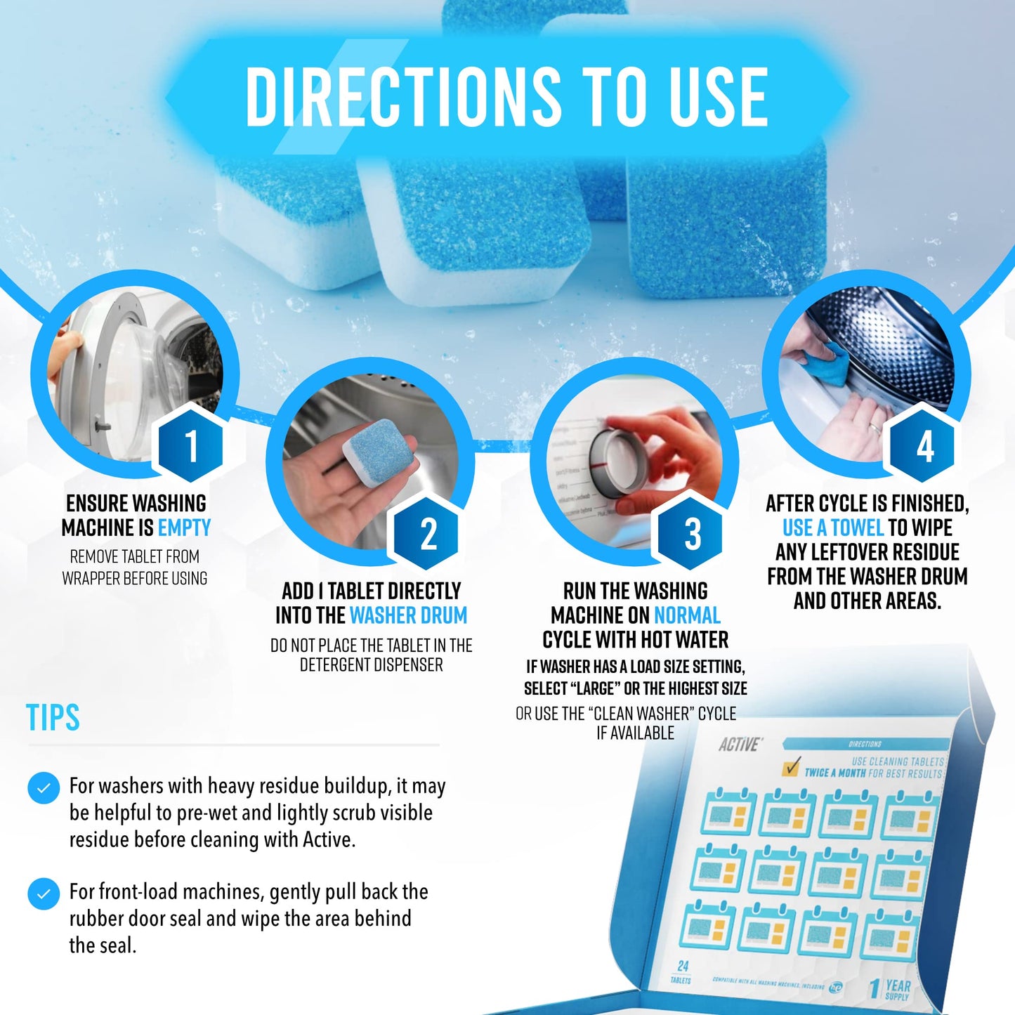 ACTIVE Washing Machine Cleaner Descaler 24 Pack - Deep Cleaning Tablets For HE Front Loader & Top Load Washer, Clean Inside Drum And Laundry Tub Seal (Washing Machine Cleaner Tablets - 24 Pack)