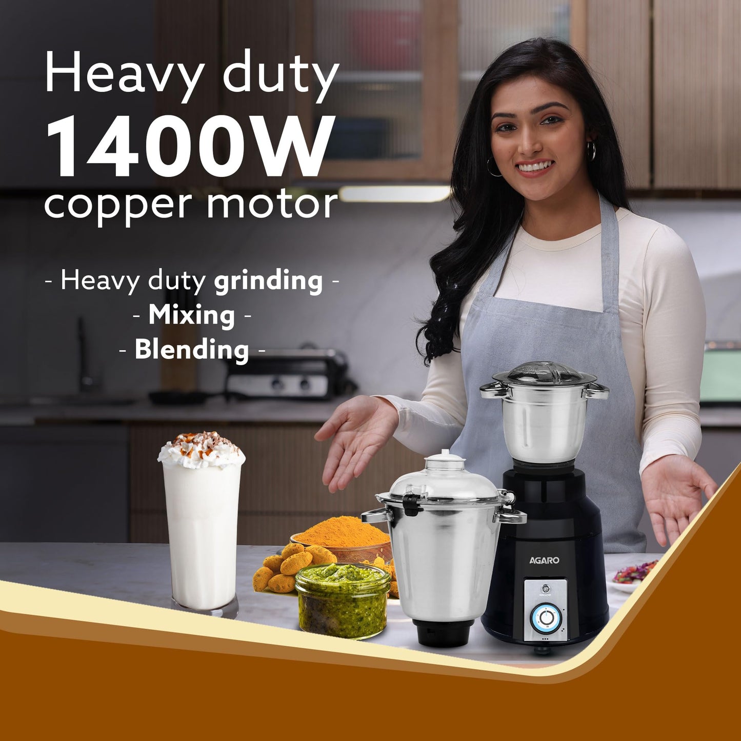 AGARO Grand Commercial Mixer Grinder 1400W, Heavy Duty, 100% Pure Copper Motor, Stainless Steel Jar, 3 Speed with Incher, Stainless Steel Blades, Wet & Dry Grinding, Black & Grey