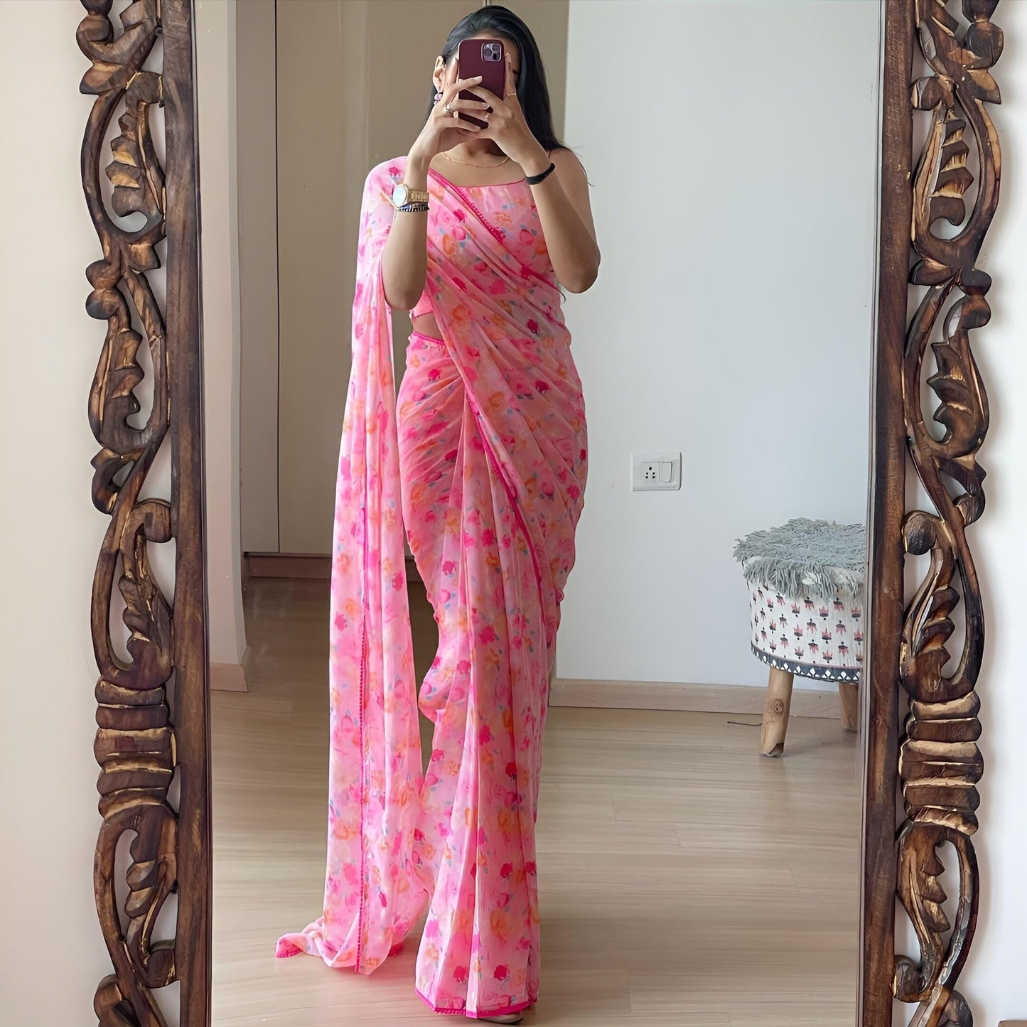 Stylescope Women's Georgette Floral Printed Lace Bordered Ready To Wear One Minute Saree With Print Unstitched Blouse Piece (Candy Pink_Pink_Free Size)