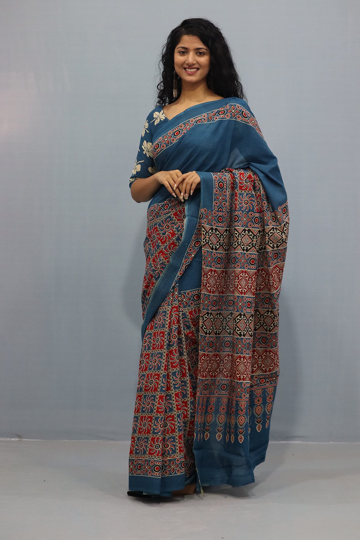 Tropwear Handicrafts Women's Ikat Hand Block Print Jaipuri Cotton Mulmul Saree with Blouse Piece - _SH_320