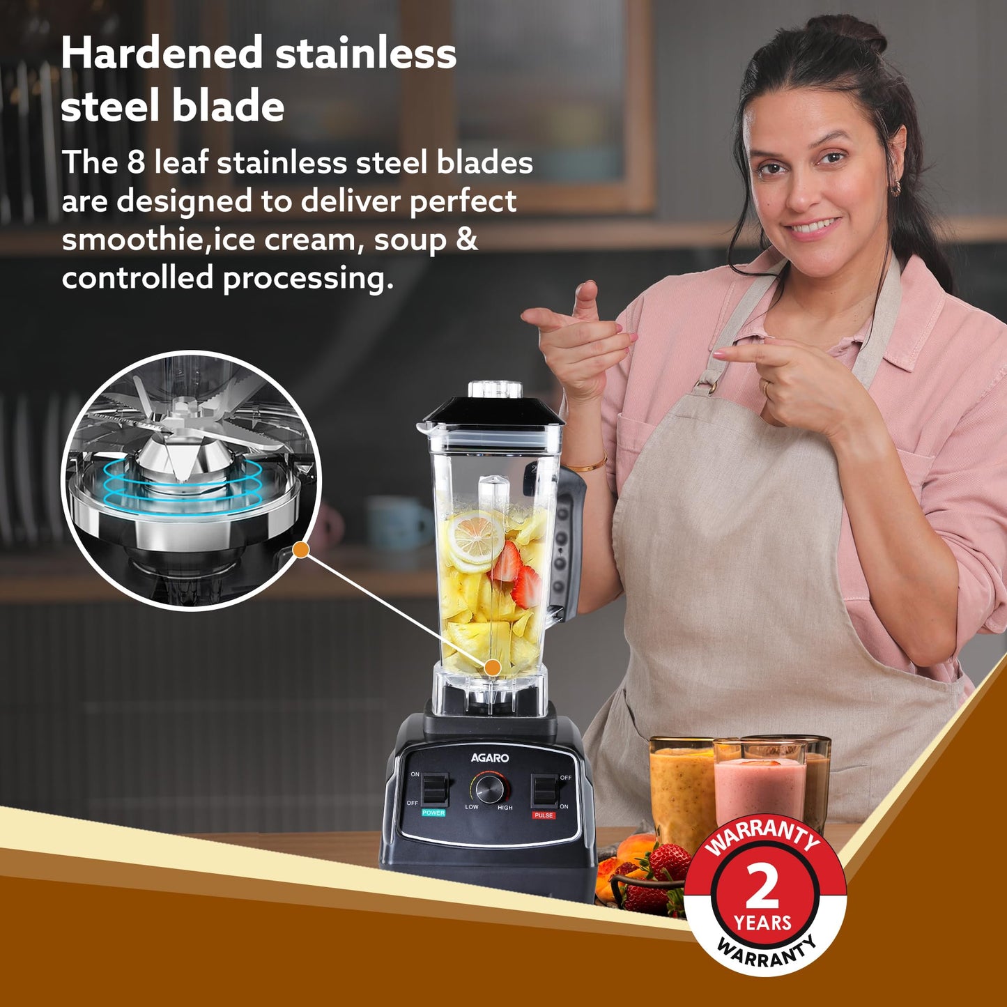 AGARO Grand Professional Blender/Grinder/Mixer, 2000 watts, 2 Litres BPA Free Jar, Commercial heavy duty blender, High Power & Speed Blender, 100% Copper Motor, Pulse Function, 8 Leaf SS Blade