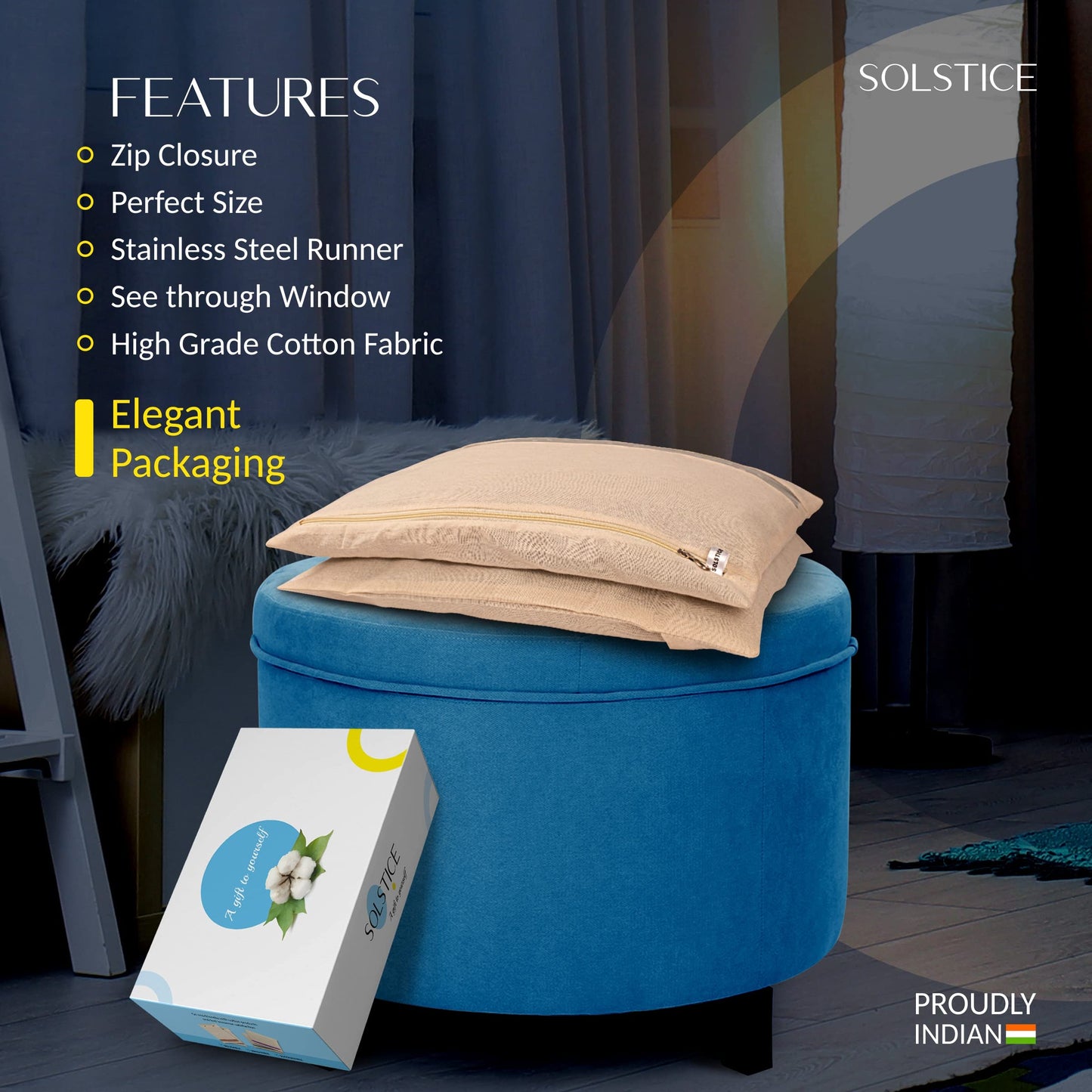 SOLSTICE Cotton Saree Bags/Covers For Storage Set Of - 12 Big Size Single (16 X 14 Inches) With Zip Closure For Clothes Bags And Wardrobe Organizer With Transparent Mesh Window, Beige