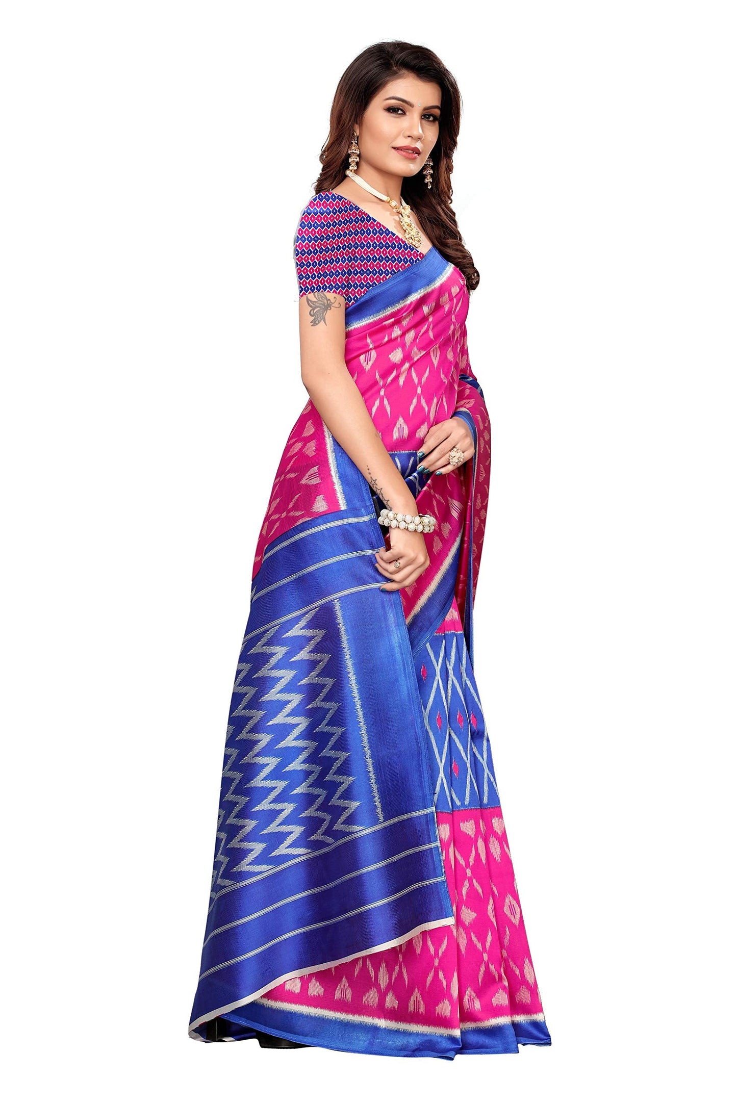 ANNI DESIGNER Women's Blue Mysore Silk Printed Saree with Blouse Piece(Sky Stripers Blue_Free Size)