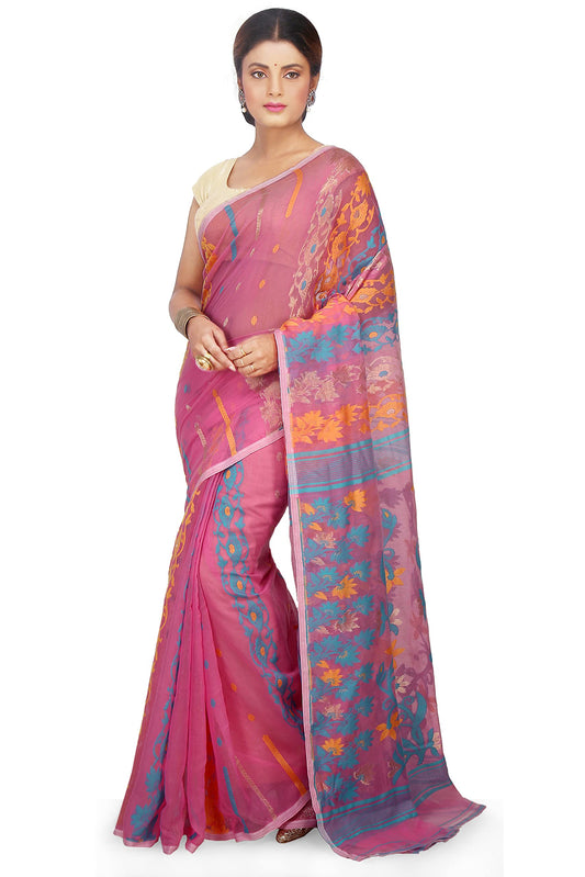 BENGAL HANDLOOM Exclusive Women's Soft Dhakai Patta Jamdani Cotton Silk, Pink Sarees