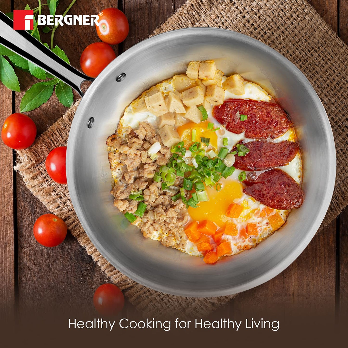 BERGNER Argent TriPly 20 cm Frypan/Steel Pan, Scratch Resistant, for Spice Tempering/Seasoning, Stay Cool Long Handle, Mirror Finish, Induction Ready, 5-Year Warranty by Bergner