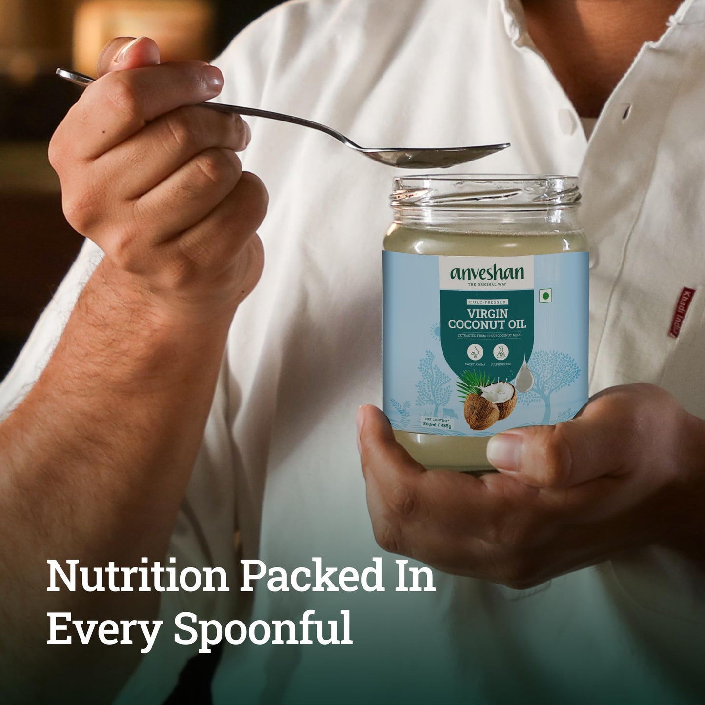 Anveshan Cold Pressed Virgin Coconut Oil 500ML | Glass Jar | Virgin Coconut Oil for Cooking | Virgin Coconut oil for massage | 100% Pure, Natural,Chemical-Free & Edible Coconut Oil | For Cooking, Skin & Hair Health, Oil Pulling