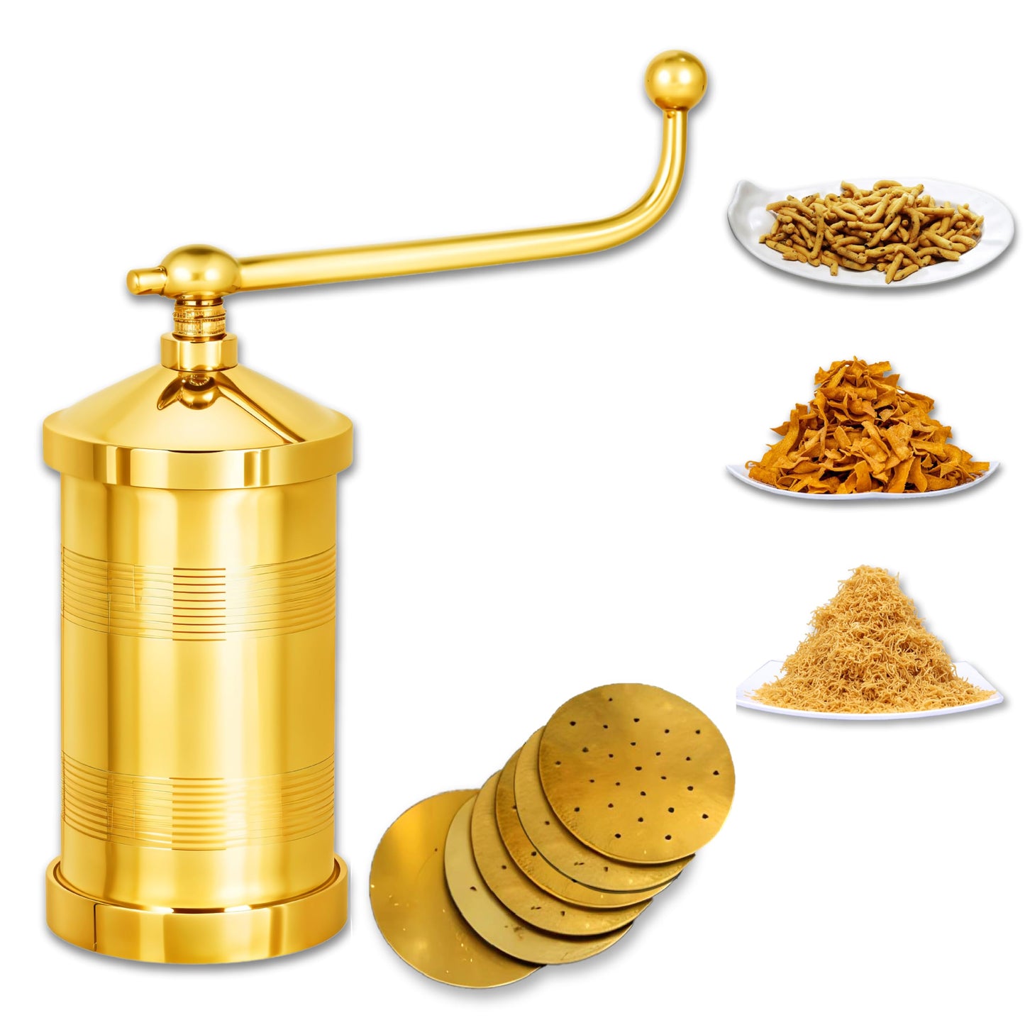 Thangam Classic Brass Sevanazhi Murukku Maker with Free 6 Different Jali for Making Snacks of Sev Bhujia Chakli Gathiya Janthikalu Sevia Idiyappam Ribbon Pakoda Sev Sancha Muruku Maker Machine (500gm)
