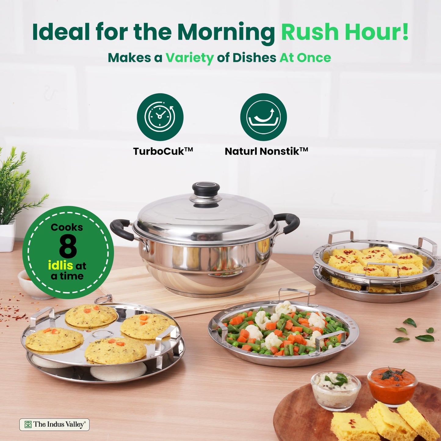 The Indus Valley Stainless Steel Idli Maker/Momo Maker/Multi Kadai/Steamer Set | Small, 5 Plates, 2 Idli | 2 Dhokla | 1 Steamer | 23cm/9 inch, 3Ltr, 1.7kg | 3-Layer Thick Bottom | Induction friendly