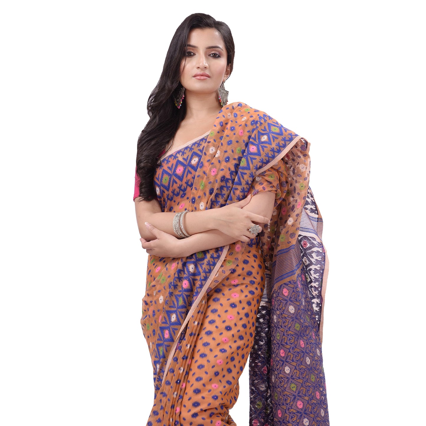 TANTLOOM Sparkle Diamond Resham Dhakai Jamdani Bengal Woven Handloom Pure Cotton Saree for Women Without Blouse Piece