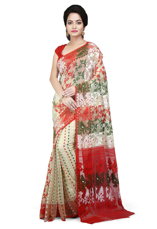 WoodenTant Women's Jamdani Cotton Silk Saree With Blouse Piece (SDJ25_Multicolored)