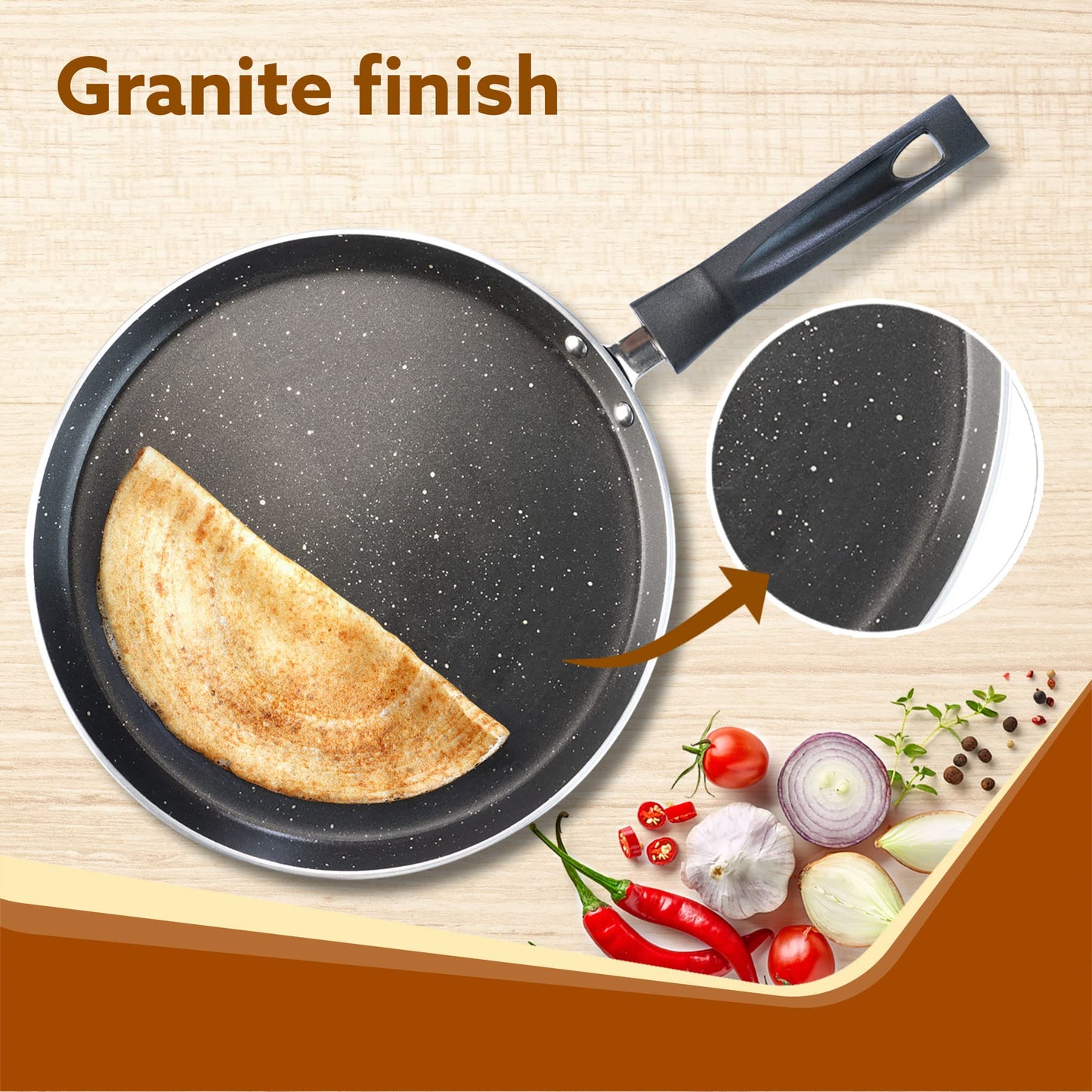 AGARO Elegant Non Stick Tawa, 28 cm Diameter, Induction and Gas Oven Friendly, Riveted Cool Touch Handle, Granite Finish, PFOA Free, 4 mm Thick, Dosa, Idli, Roti, Cooking, cookware, Black