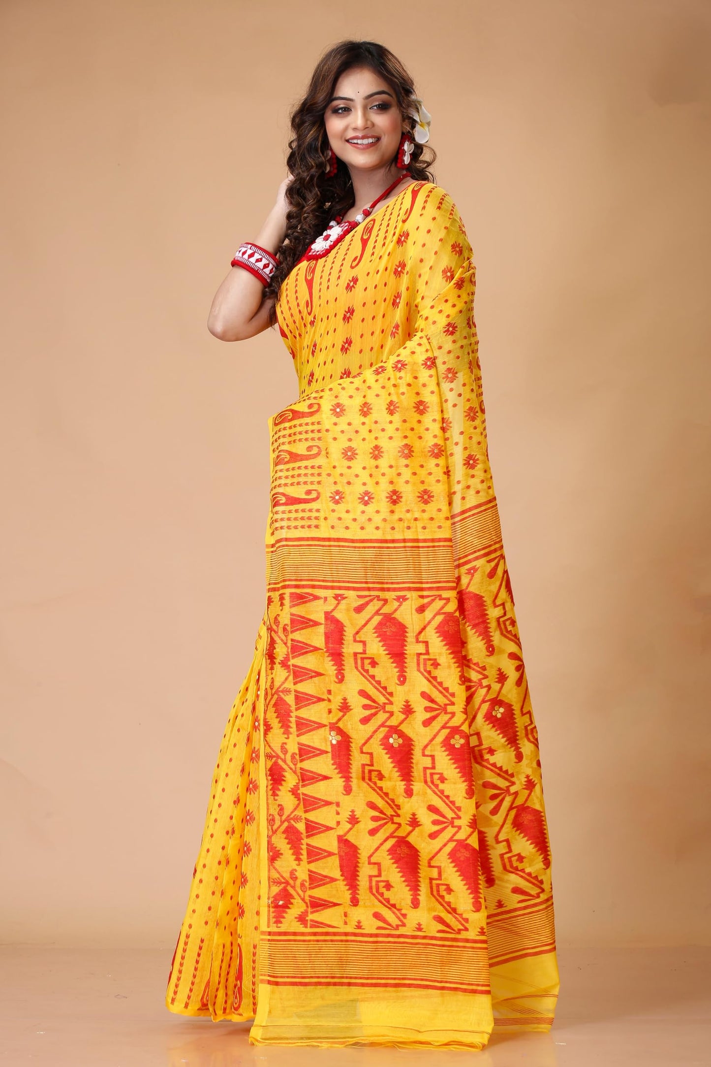 Tant Vastra Stylish Soft Cotton Silk Jamdani Saree For Women, Without Blouse Piece (Yellow)