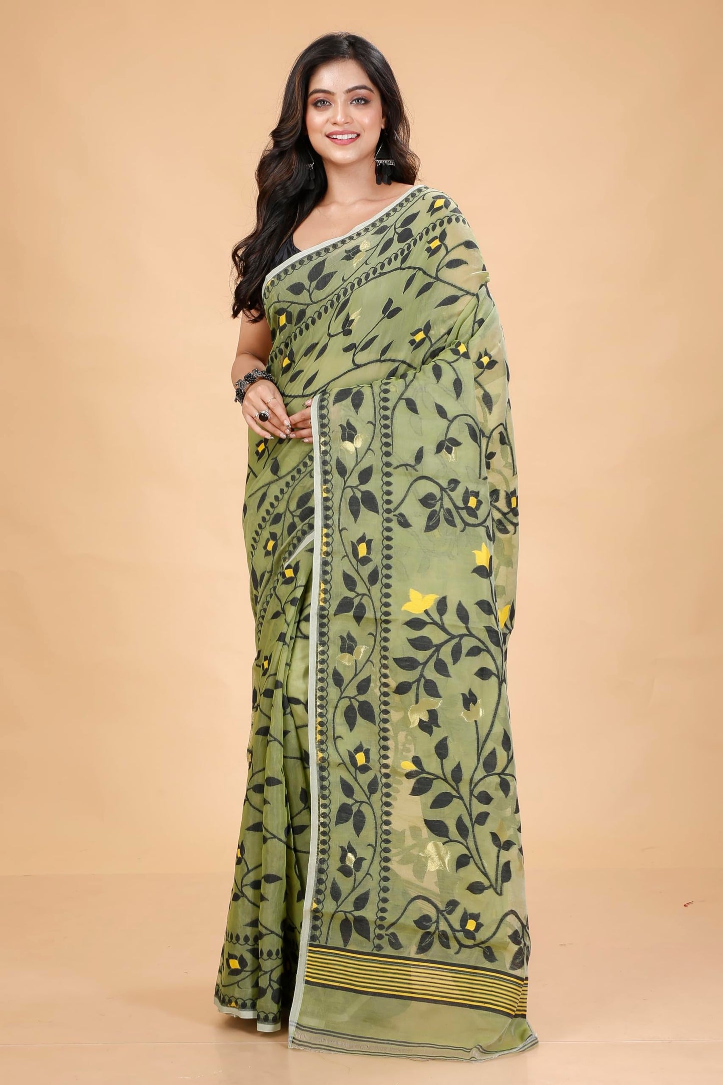 Tant Vastra Women’s Soft Resham Dhakai Lata Jamdani Saree without Starch And Without Blouse Piece (Light Pista)