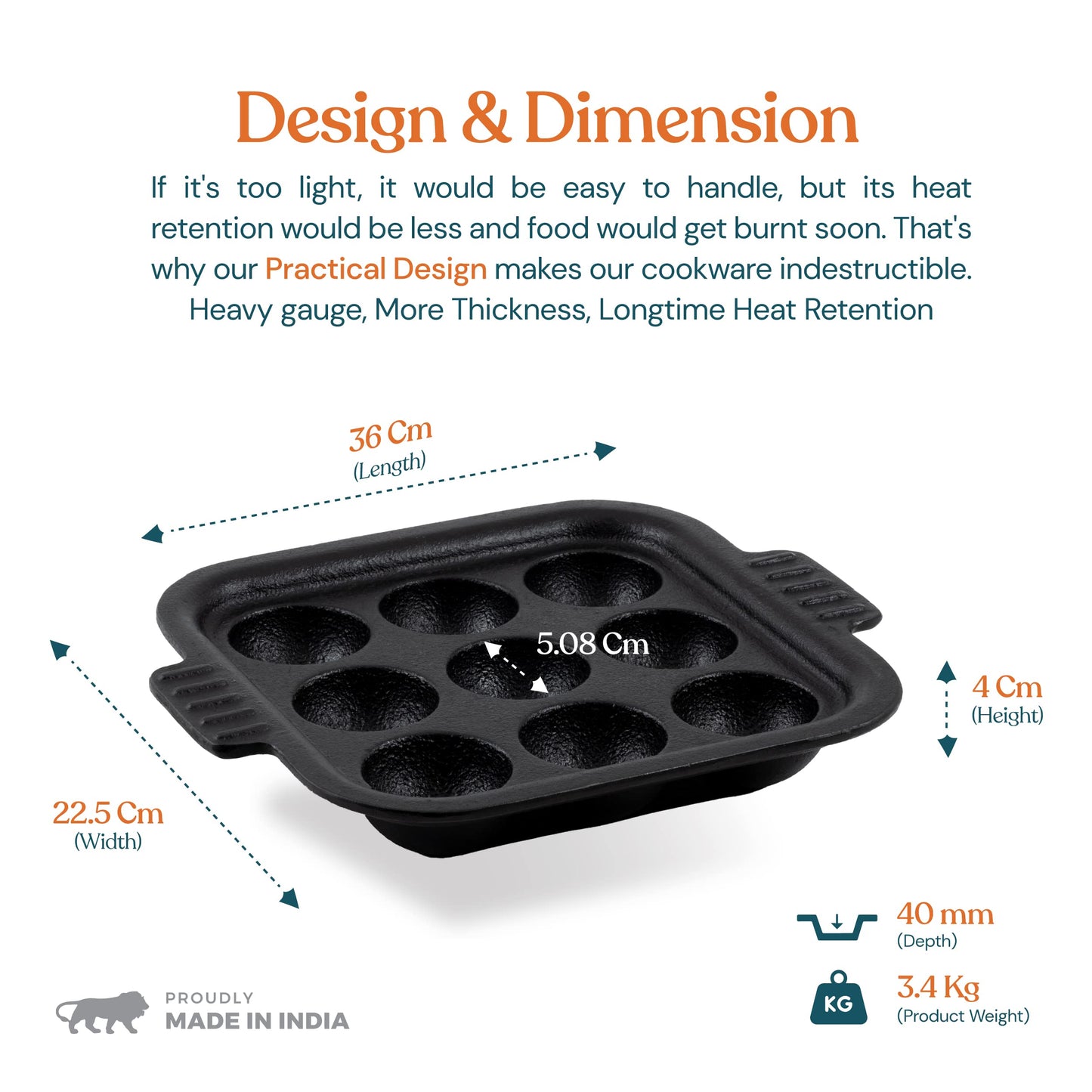 Bhagya Cast Iron Cookware Bhagya Cast Iron Paniyaram Pan/Unniyappam Chatty/Paddu Maker/Appam Pan Pre-Seasoned | Naturally Non-Sticky Cookware | Non Toxic - 9 Holes, Large