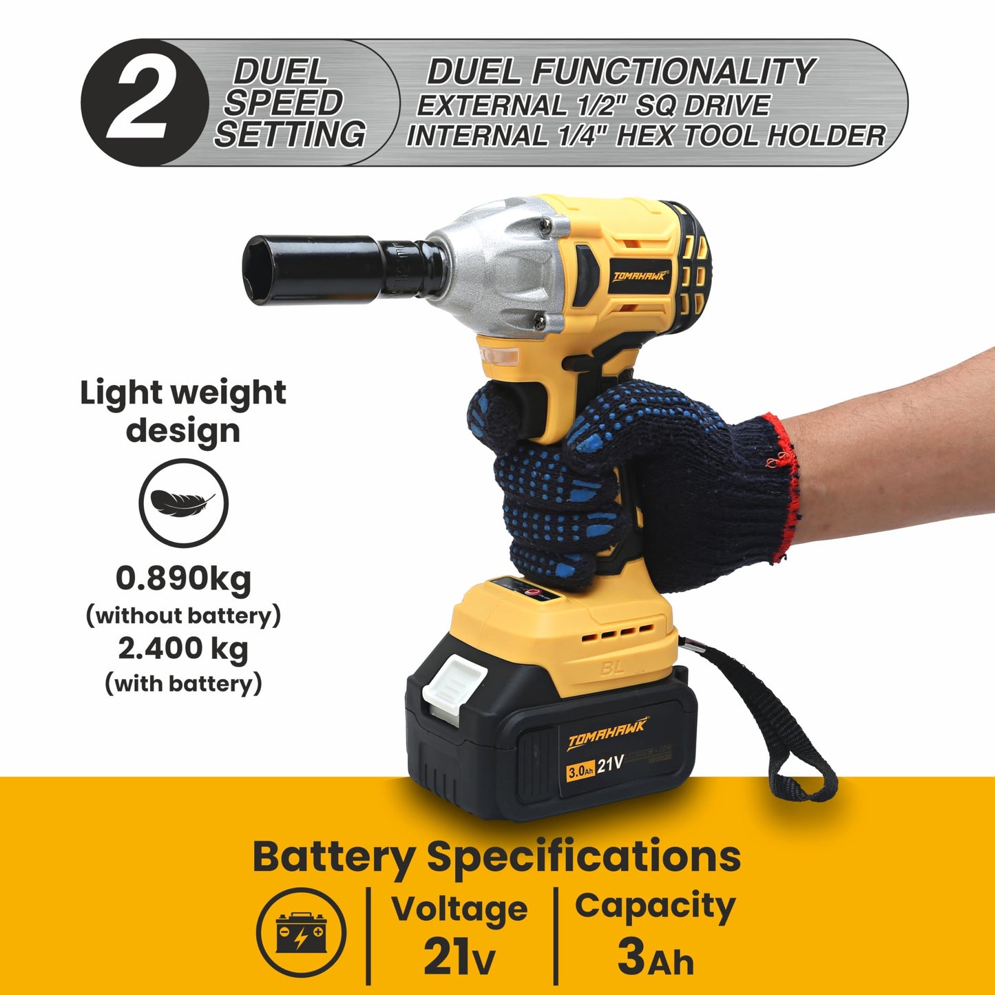 Tomahawk® T8582-2 Brushless Cordless 21V Batteries- 1/2 Inch Drive-3300Ipm- 2300Rpm-300Nm Torque- Led Lights, Fixed Square