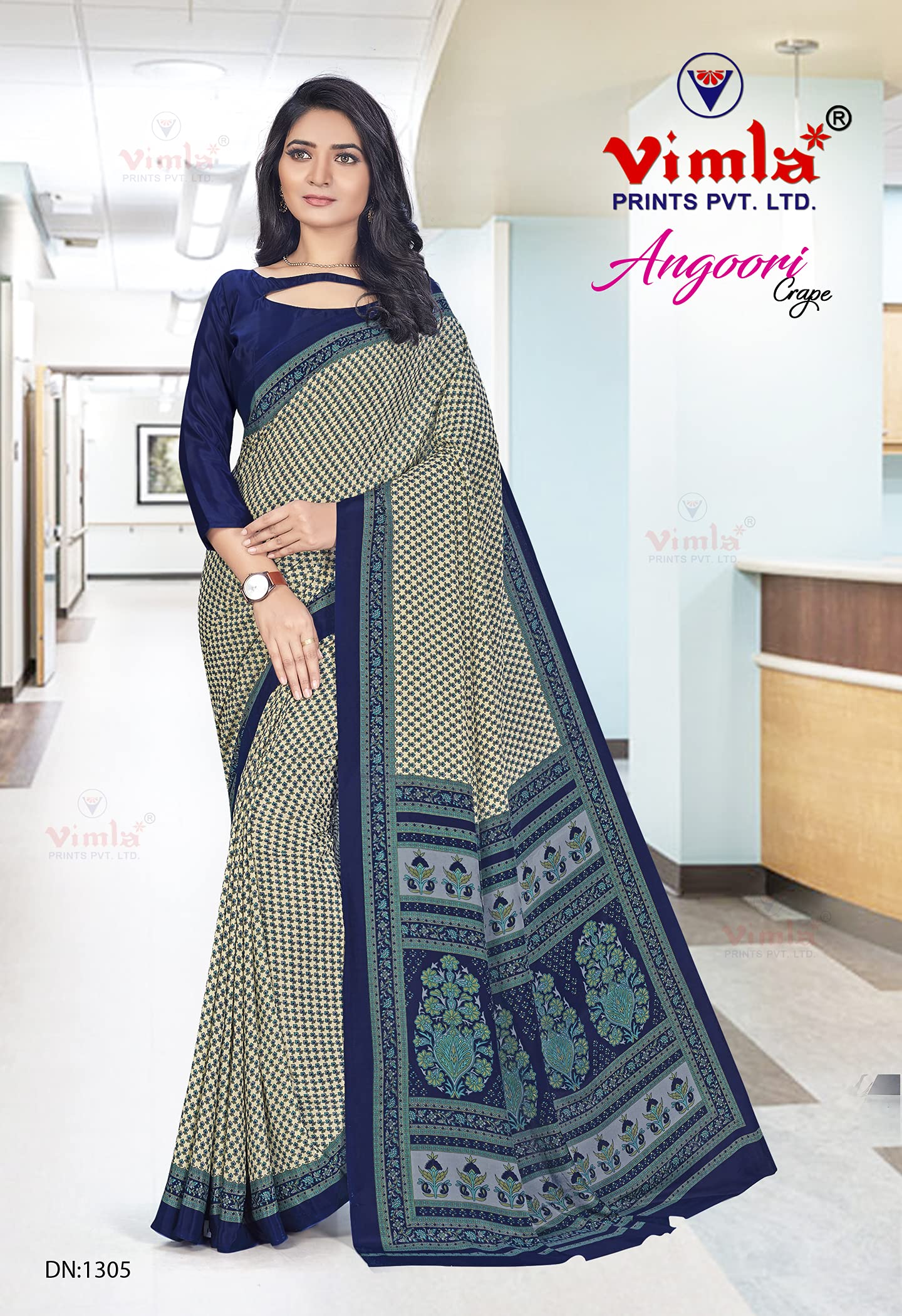 Vimla Women's Beige Crepe Silk Uniform Saree with Blouse (Beige; 1305_AC_Free Size)