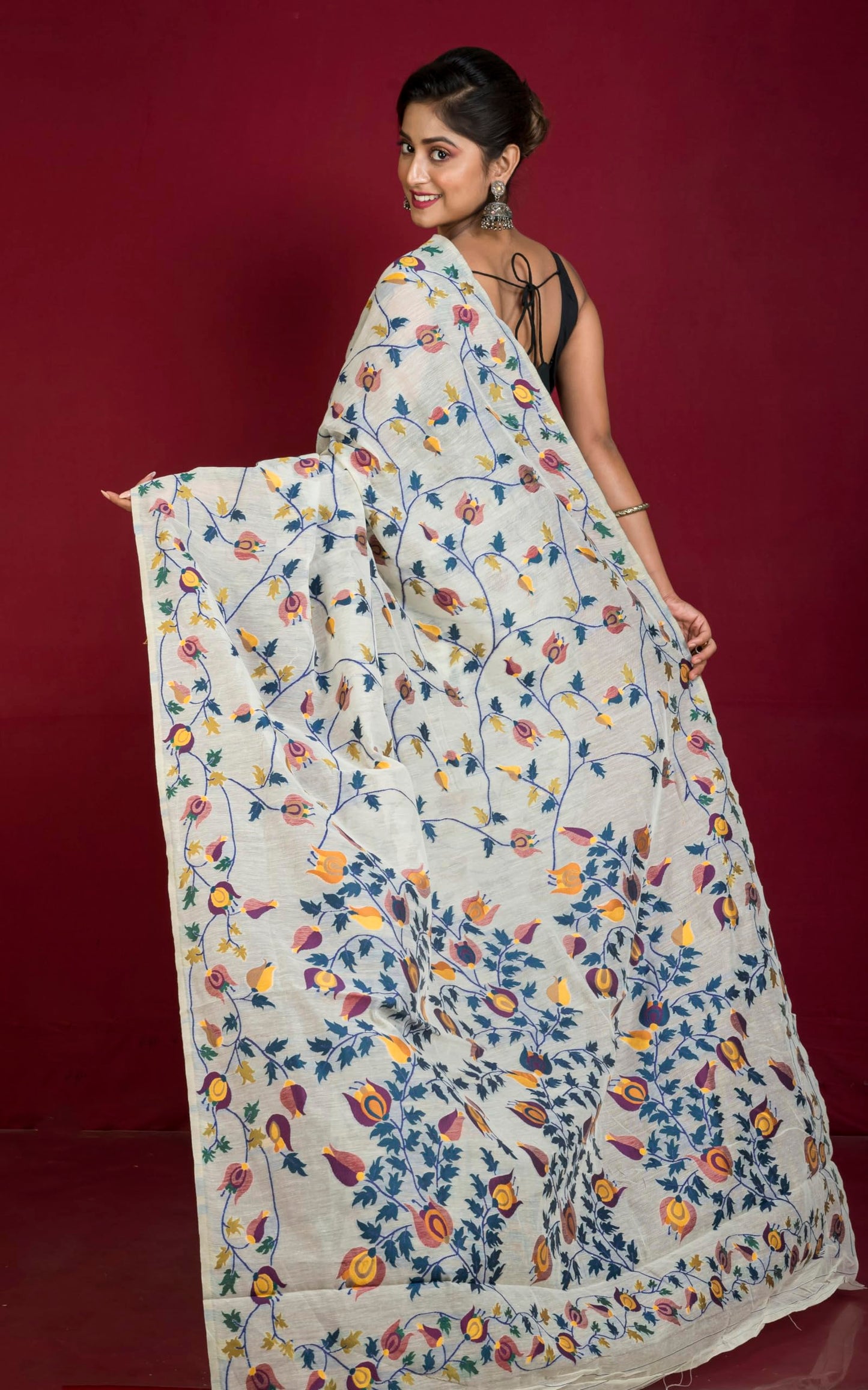 BENGAL LOOMS INDIA Tantuja Inspired Traditional Karat Nakshi Work Soft Jamdani Saree Women Rich Texture Smooth Finish Sari Indian Tradition Saree in Stone Beige and Multicolored for Casual Formal Wear