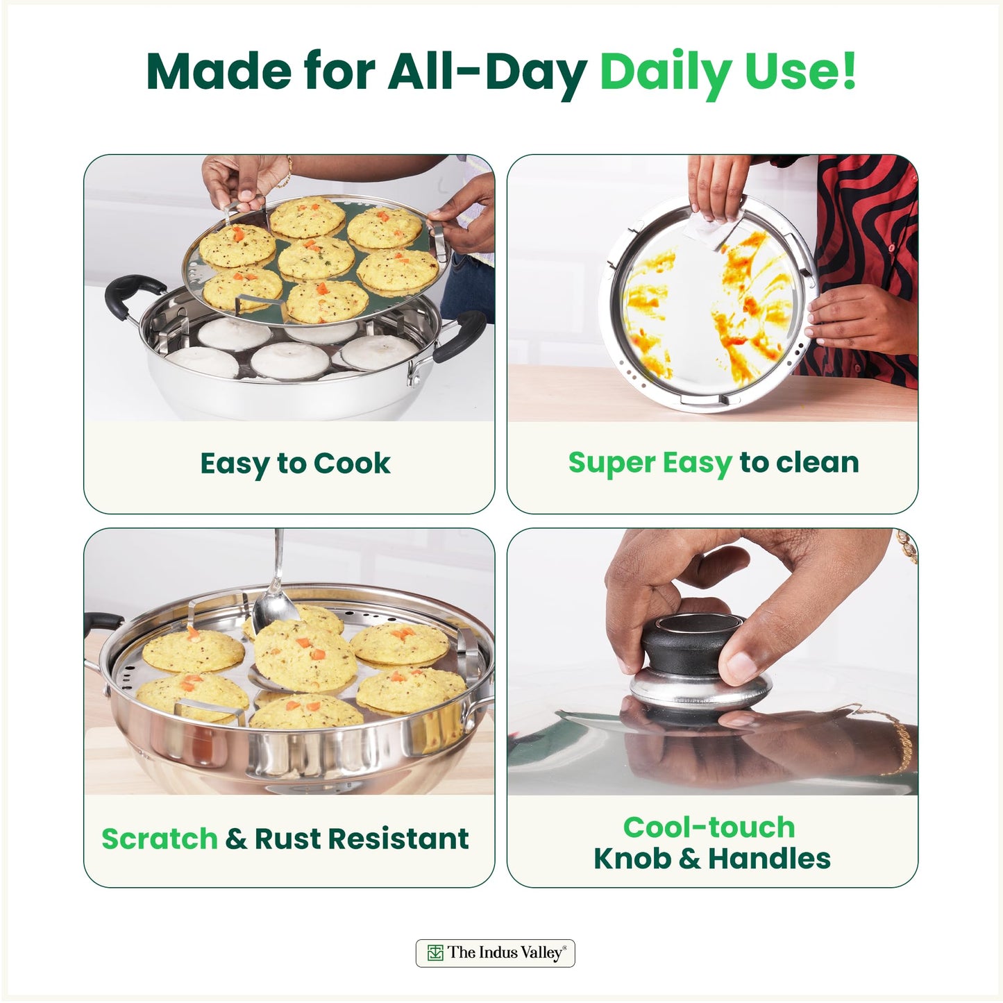 The Indus Valley Stainless Steel Idli Maker/Momo Maker/Multi Kadai/Steamer Set | Large, 5 Plates, 2 Idli | 2 Dhokla | 1 Steamer | 29cm/11.3 inch, 4.2Ltr, 2.5kg | 3-Layer Thick Bottom | Induction friendly