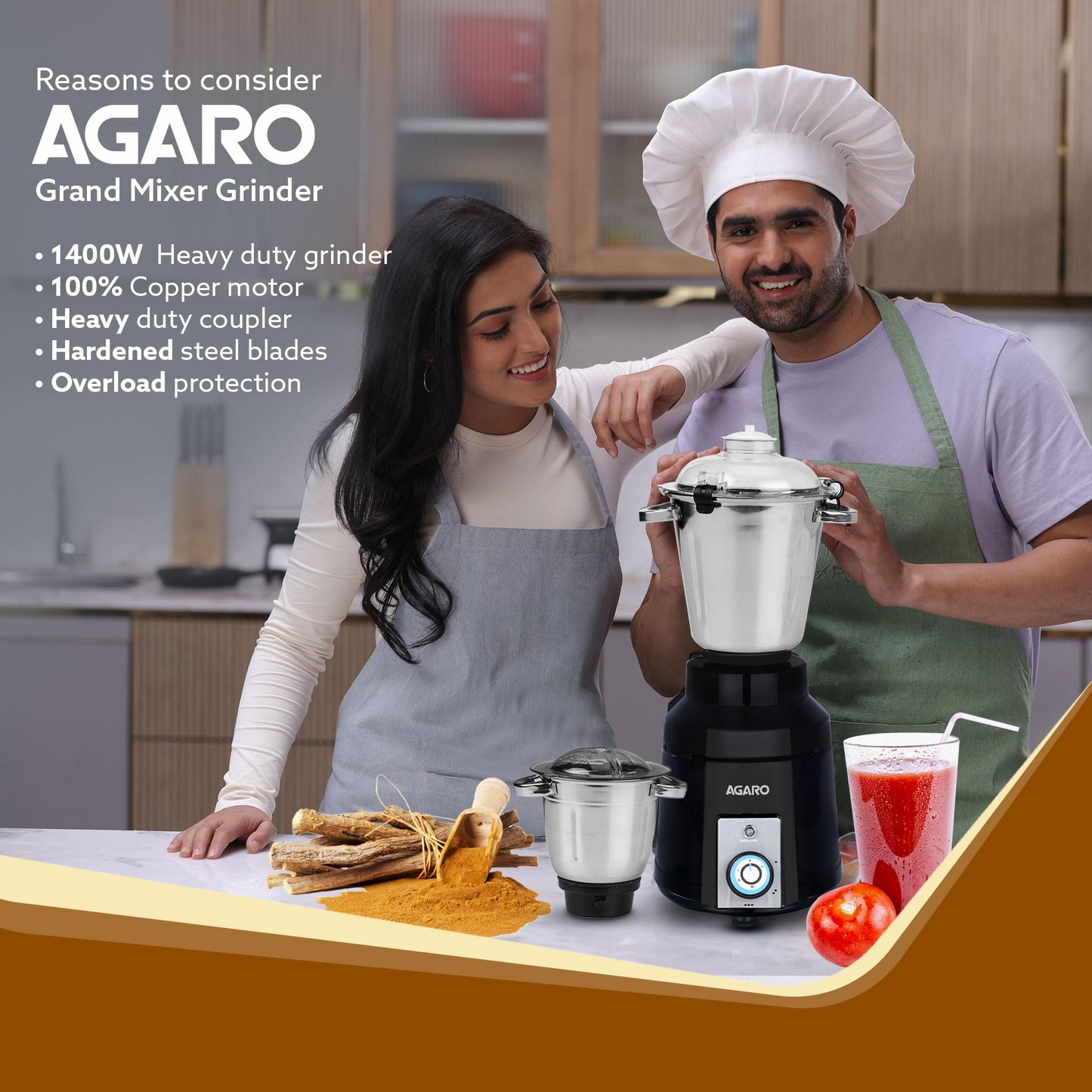AGARO Grand Commercial Mixer Grinder 1400W, Heavy Duty, 100% Pure Copper Motor, Stainless Steel Jar, 3 Speed with Incher, Stainless Steel Blades, Wet & Dry Grinding, Black & Grey