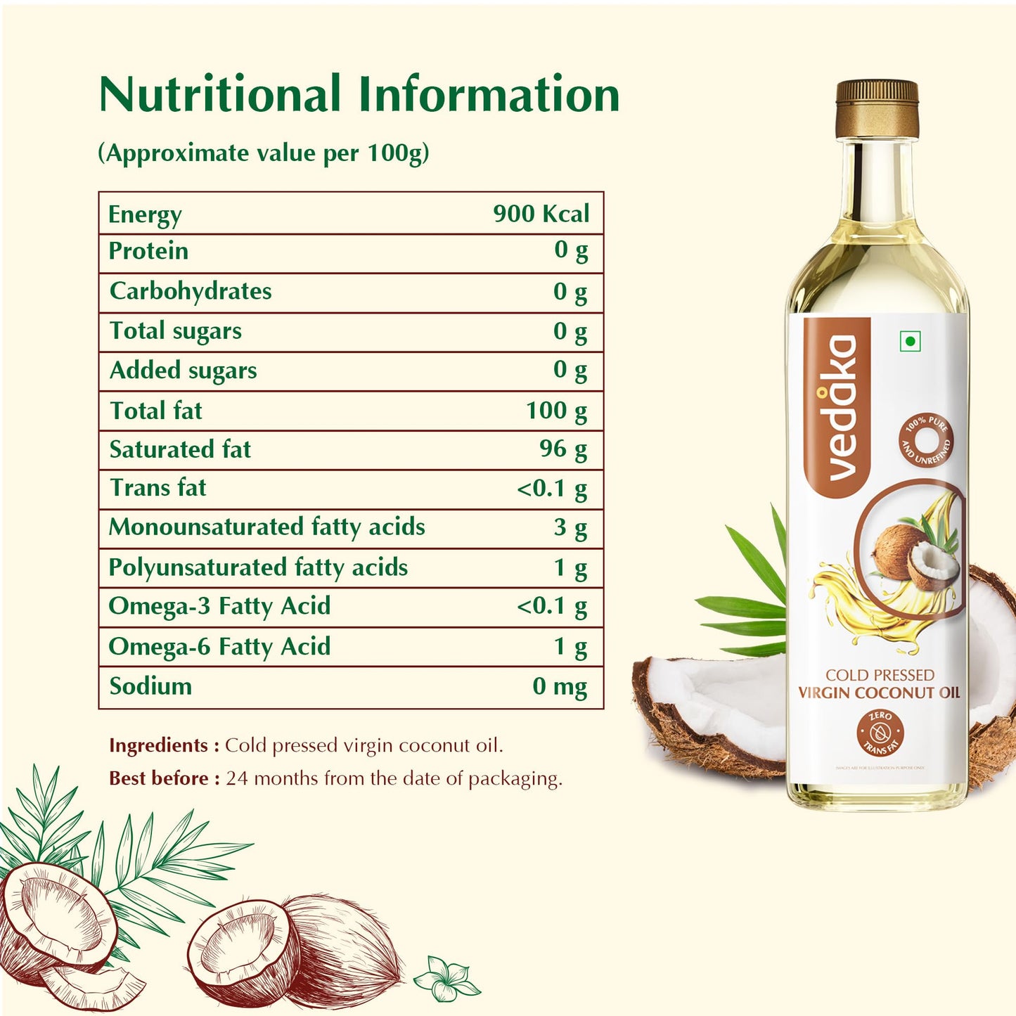 Amazon Brand - Vedaka Cold Pressed Virgin Coconut Oil 1 L Bottle | 100% Pure | Effective with Good Smell