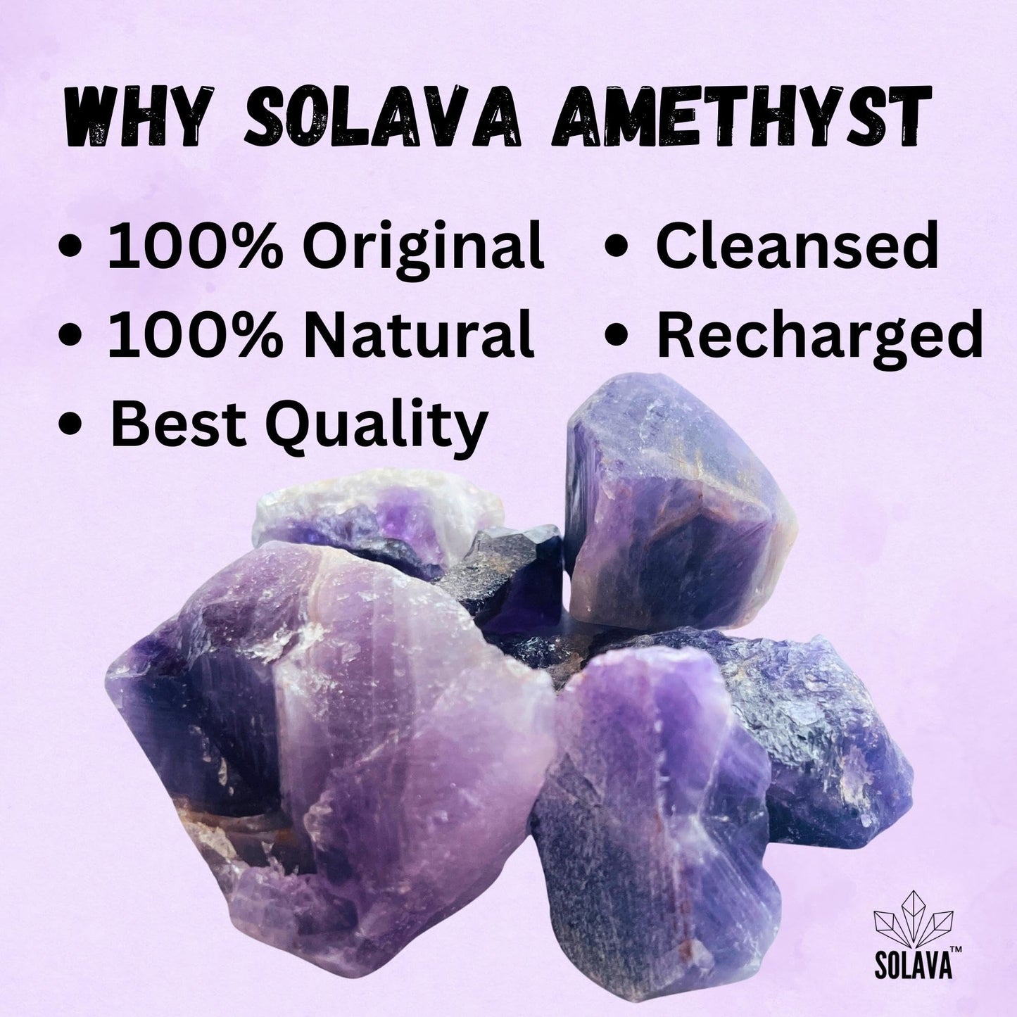 SOLAVA Natural Amethyst Crystal Stone Original Certified - Raw Healing Crystals, Purple Rough Stone For Anxiety, Stress, Good Luck, Peace, Manifestation, Meditation, And Reiki Healing - 2+ Pieces