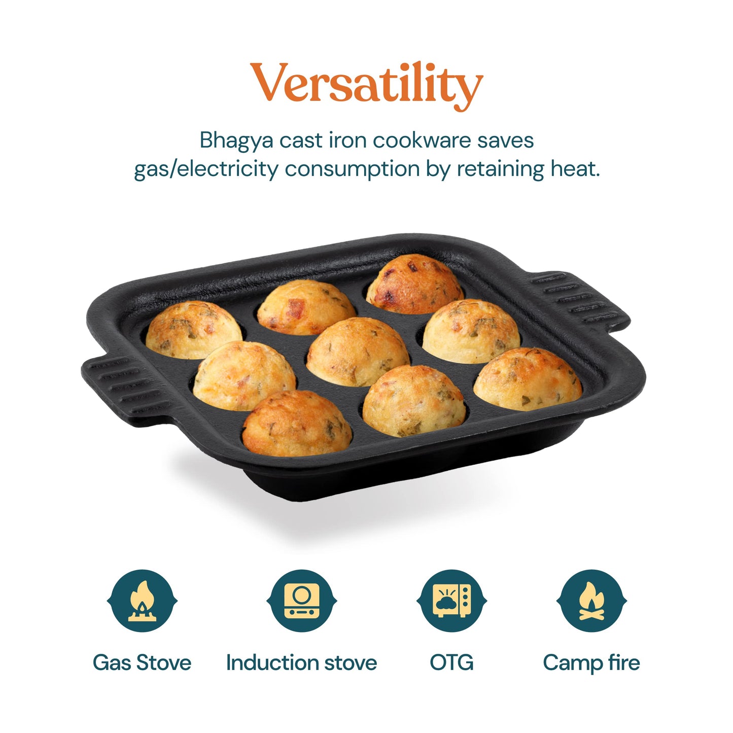 Bhagya Cast Iron Cookware Bhagya Cast Iron Paniyaram Pan/Unniyappam Chatty/Paddu Maker/Appam Pan Pre-Seasoned | Naturally Non-Sticky Cookware | Non Toxic - 9 Holes, Large