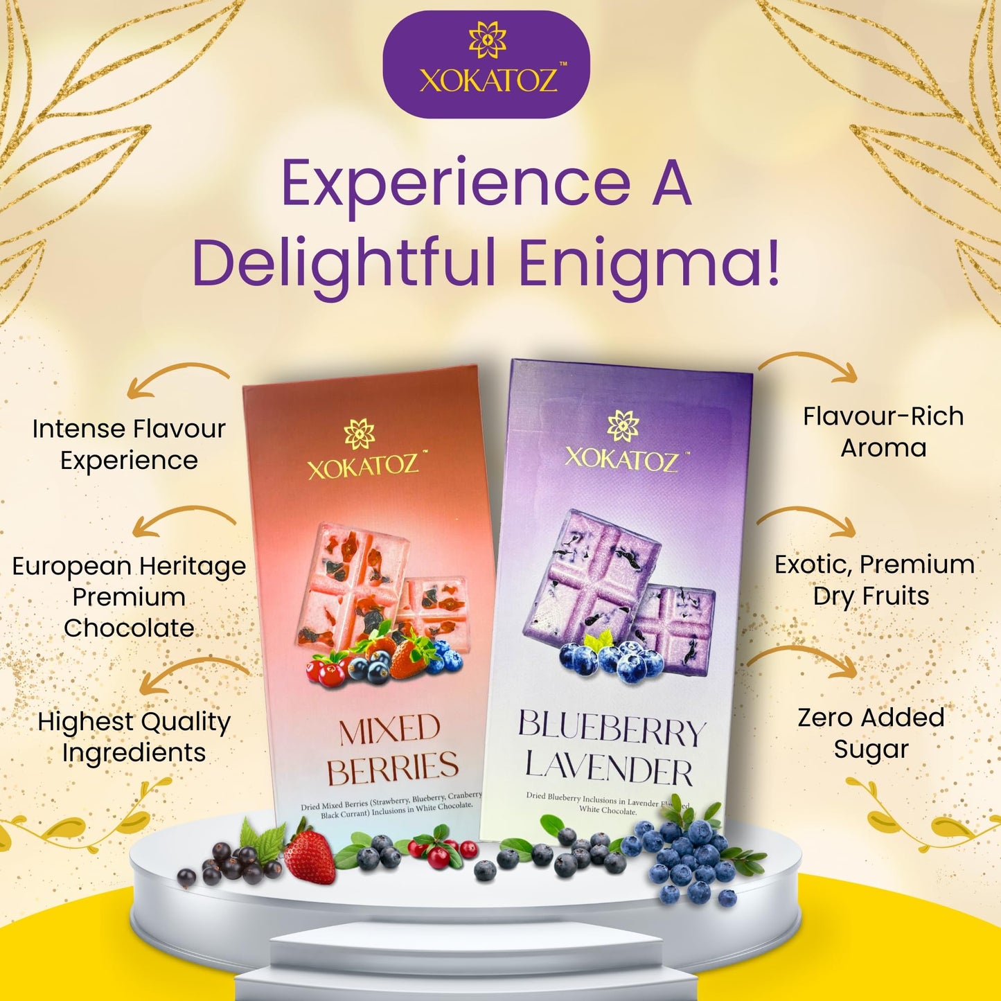 XOKATOZ Exotic Premium Chocolate - 1 Mixed Berries and 1 Blueberry Lavender Flavours - Flavoured White Chocolate Bars - Gift set - Pack of 2, 150g (75g x 2)