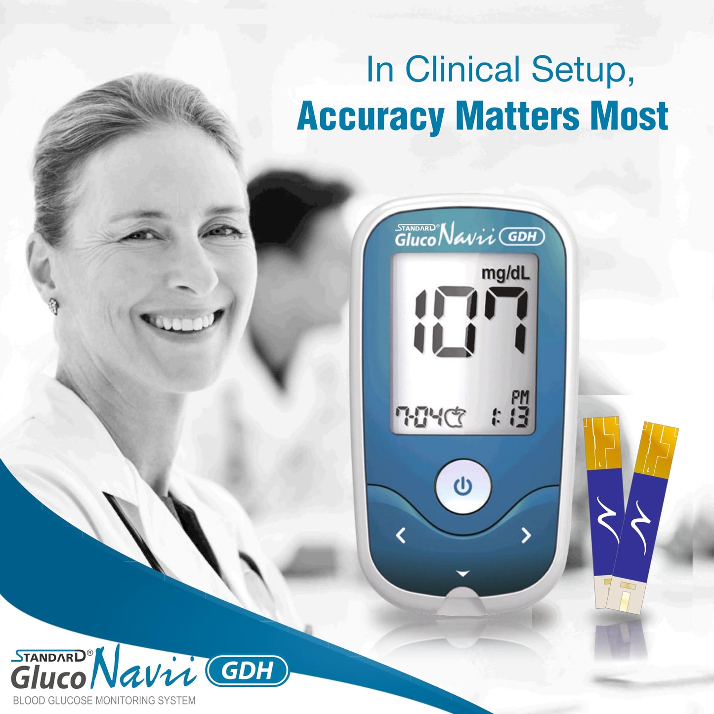 STANDARD Gluco Navii GDH Blood Glucose Monitor with 100 Strips - Glucometer