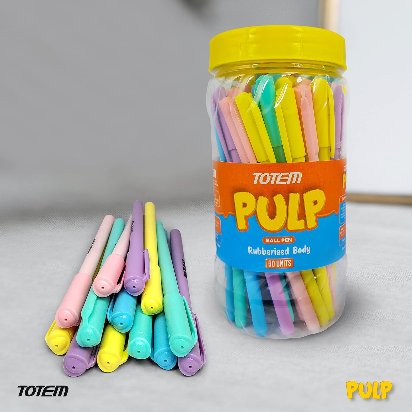 TOTEM Pulp Ball Pens Jar | 50 Pens (45 Blue Ink & 5 Black Ink) | Assorted Pastel Body | Pens for Writing | 0.7 mm Tip | Fragrance Ink | Rubberized Grip | Stationery Set | Stick Pens Set