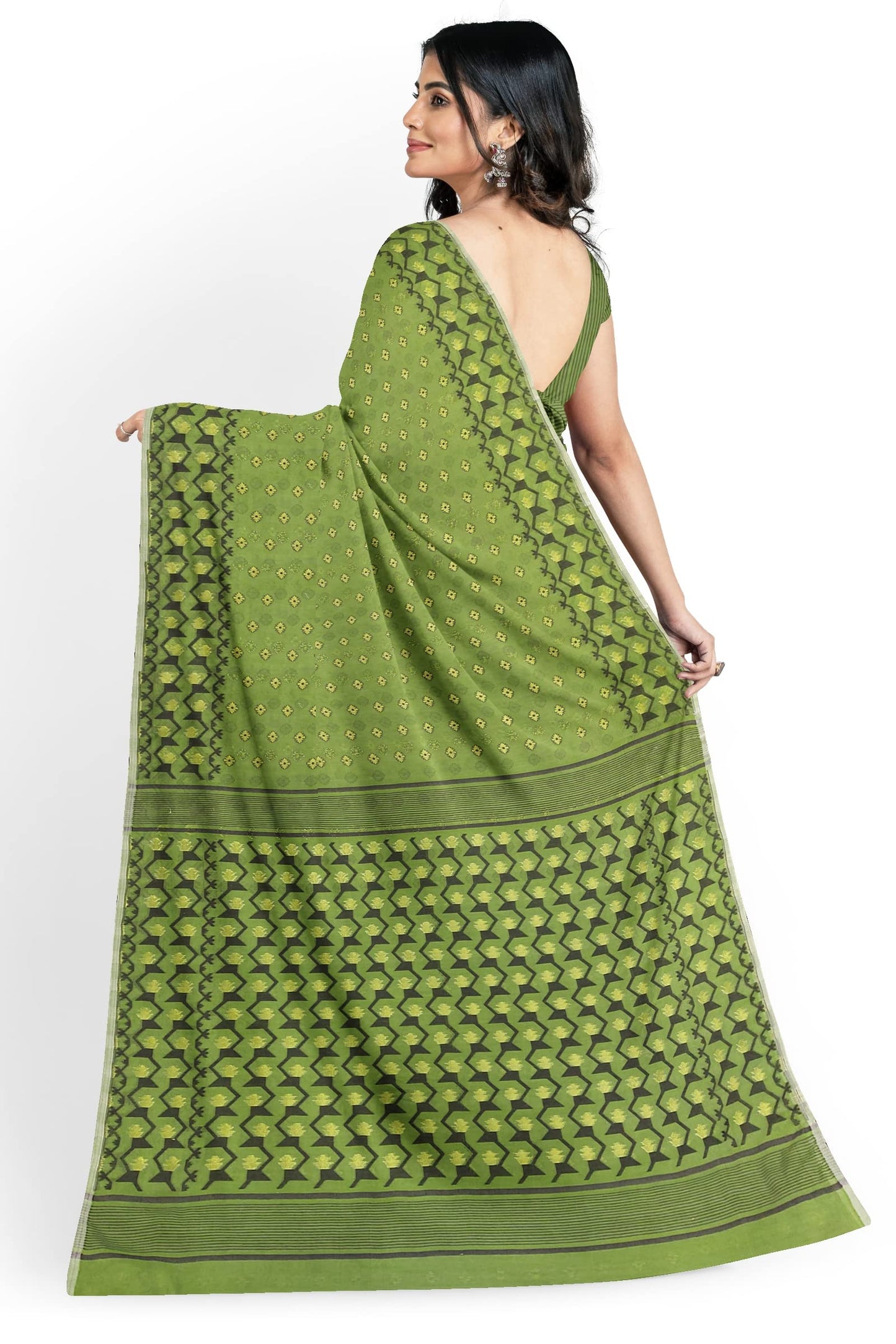 Saree Niketan Women's Traditional Bengal Cotton Silk Dhakai Jamdani Saree. (Green)