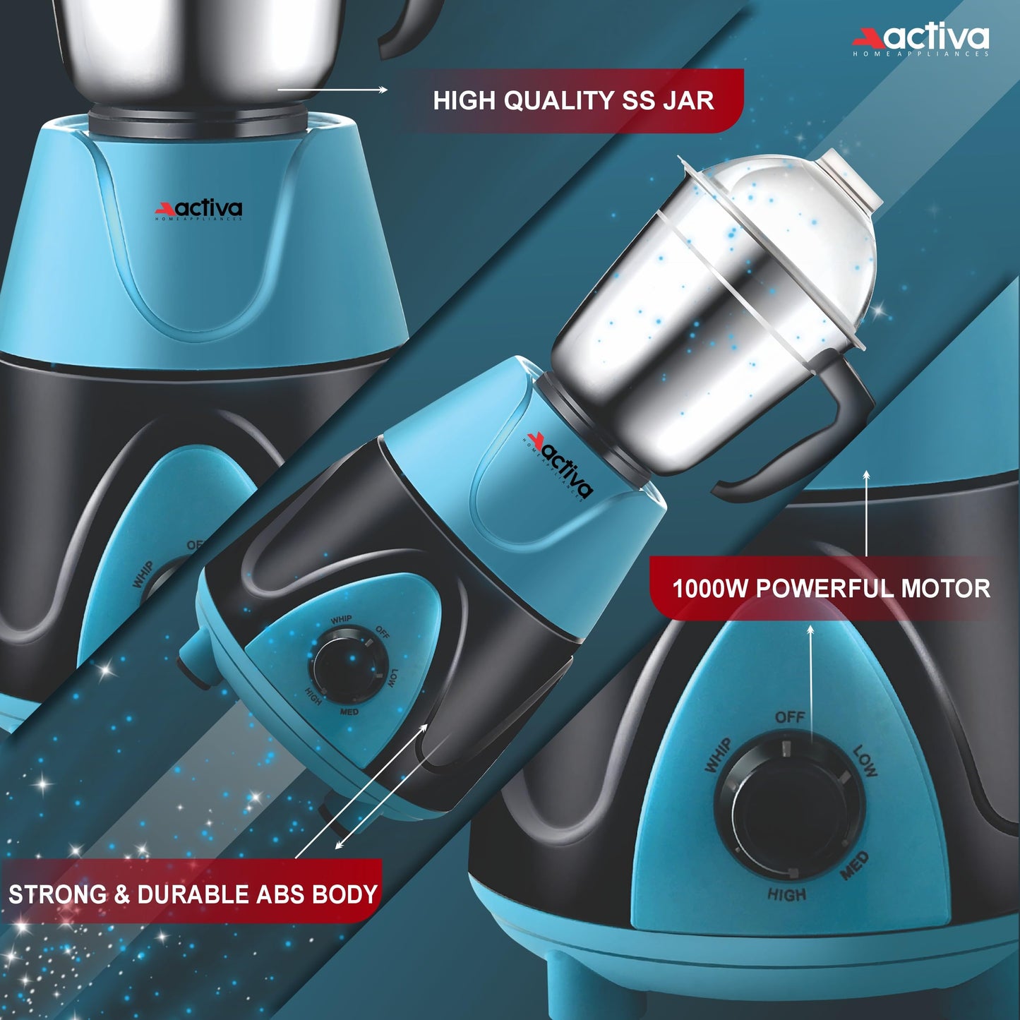 ACTIVA Megamix 1000 W Powerful Motor Mixer Grinder With 4 Jars | 2 Years Motor Warranty, Red