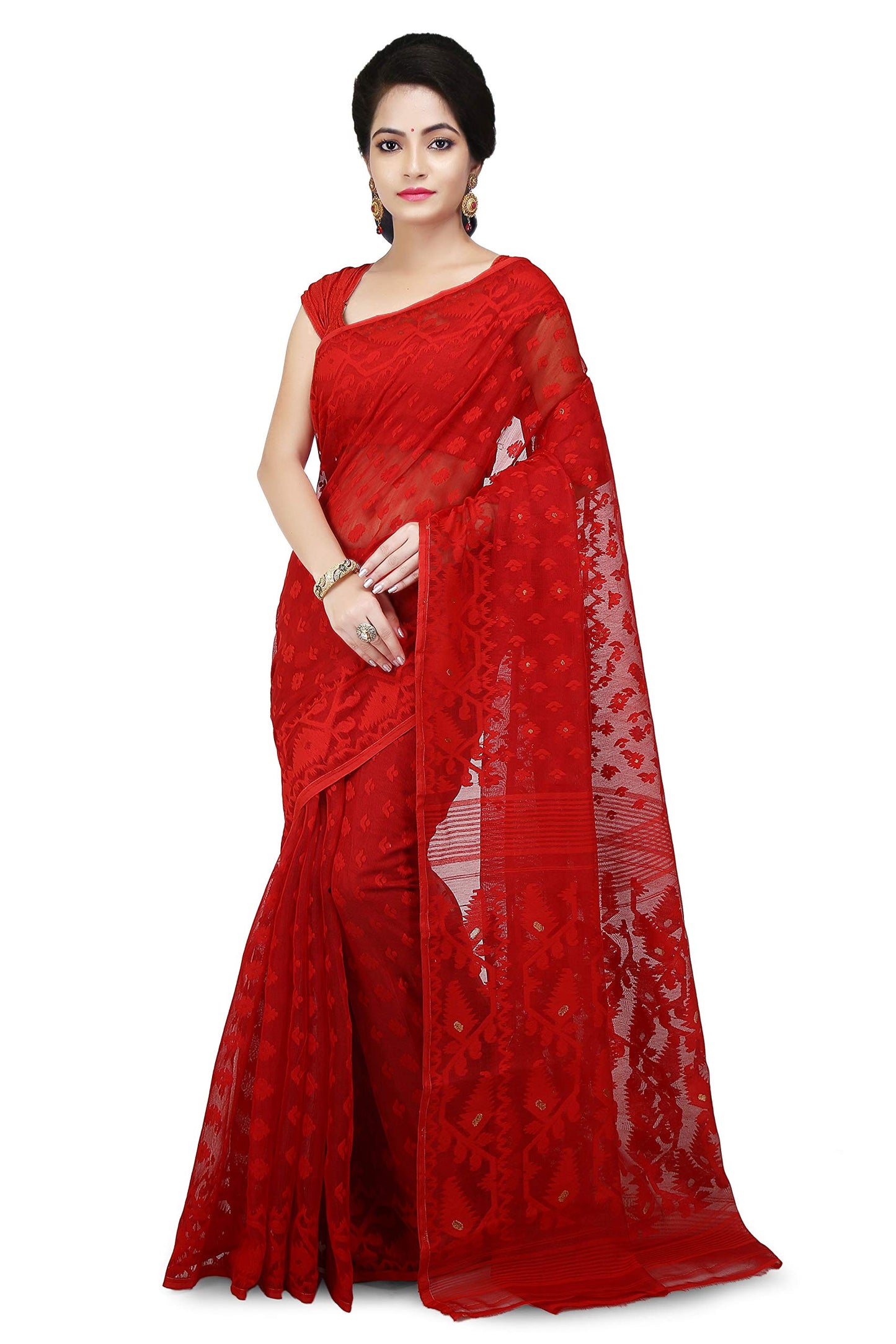 WoodenTant Women's Jamdani Cotton Silk Saree Without Blouse Piece (SDJ17_Red)